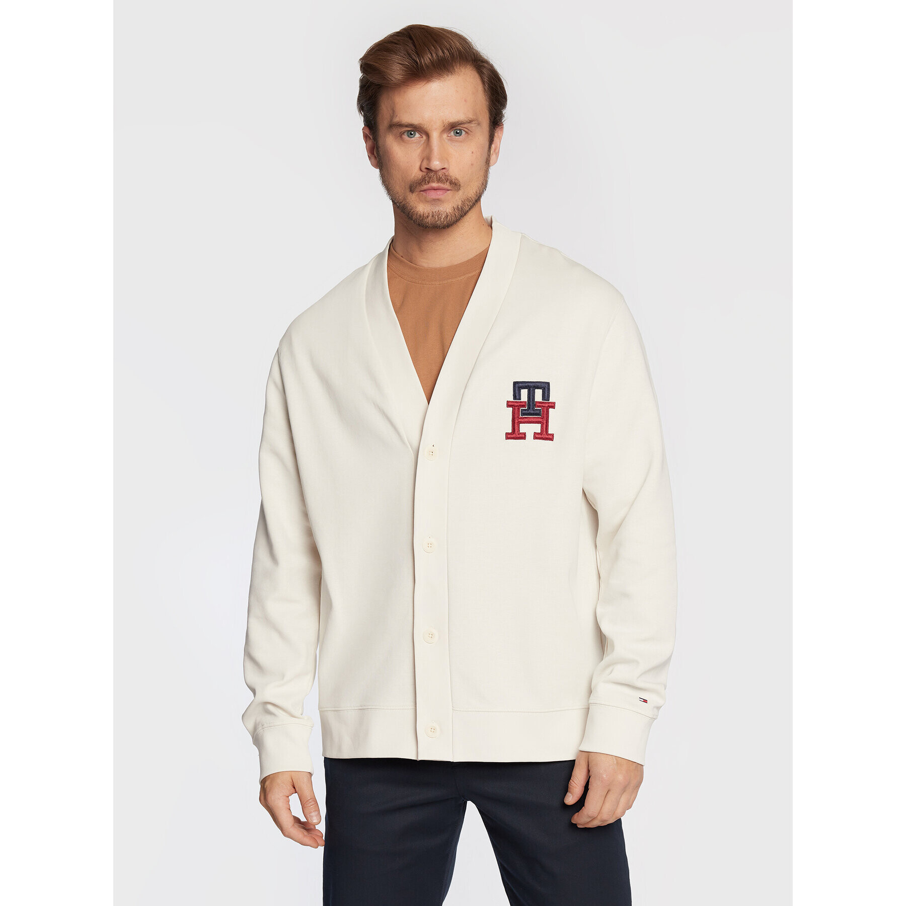 Tommy Hilfiger Cardigan Essential Monogram MW0MW28189 Alb Loose Fit - Pled.ro