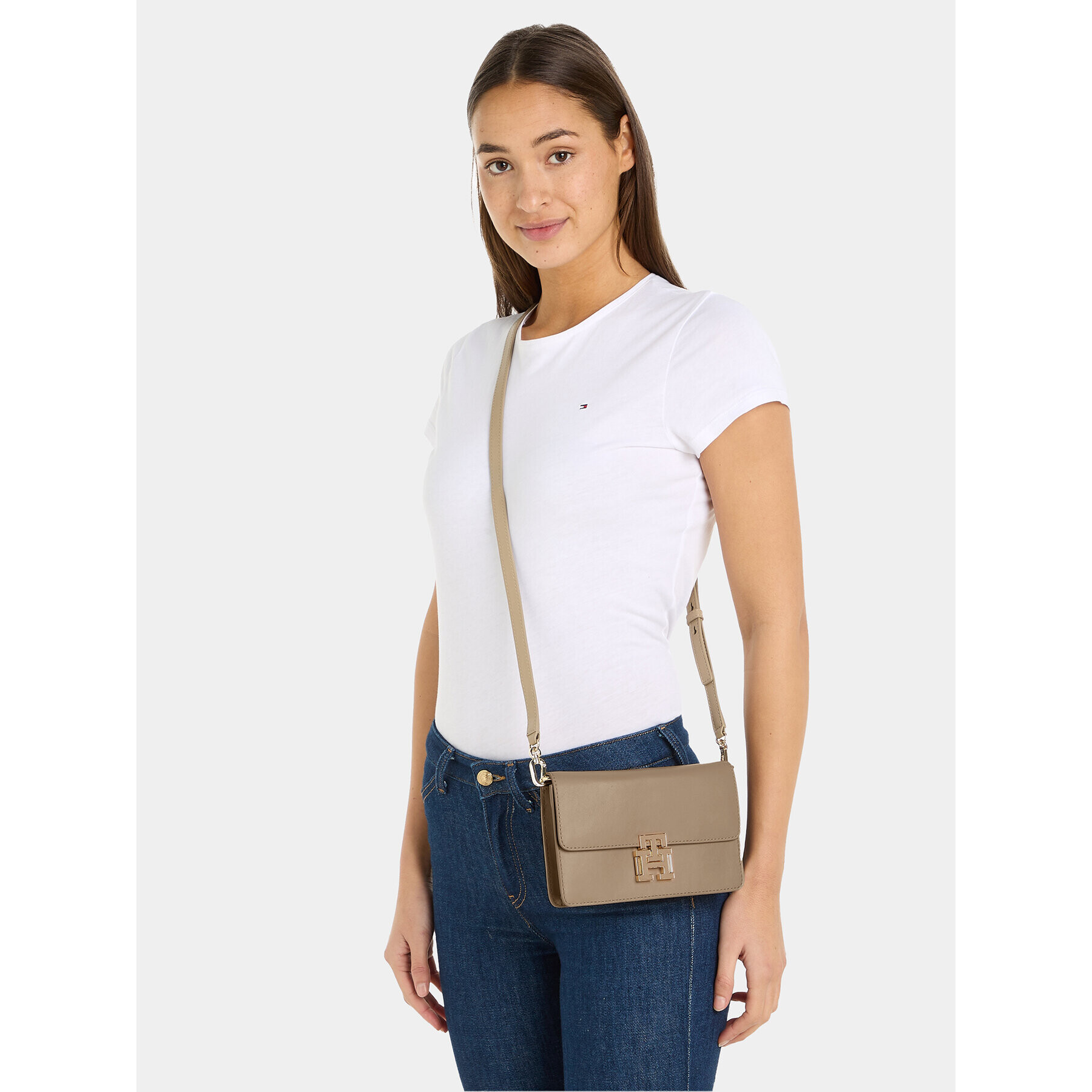 Tommy Hilfiger Geantă Pushlock Leather Small Crossover AW0AW15227 Bej - Pled.ro