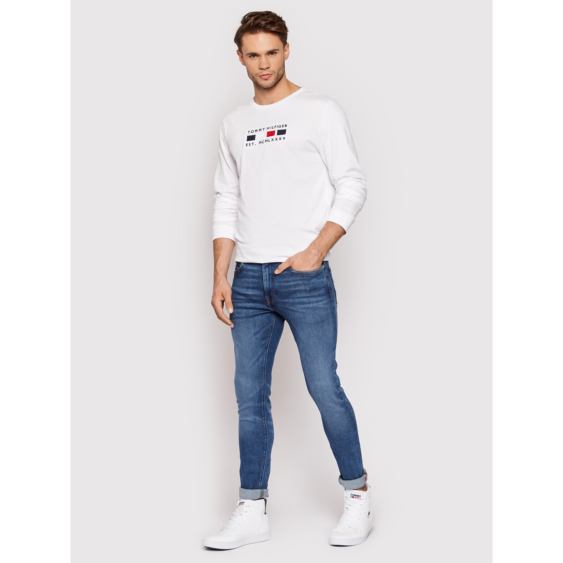 Tommy Hilfiger Longsleeve Four Flags MW0MW20163 Alb Regular Fit - Pled.ro