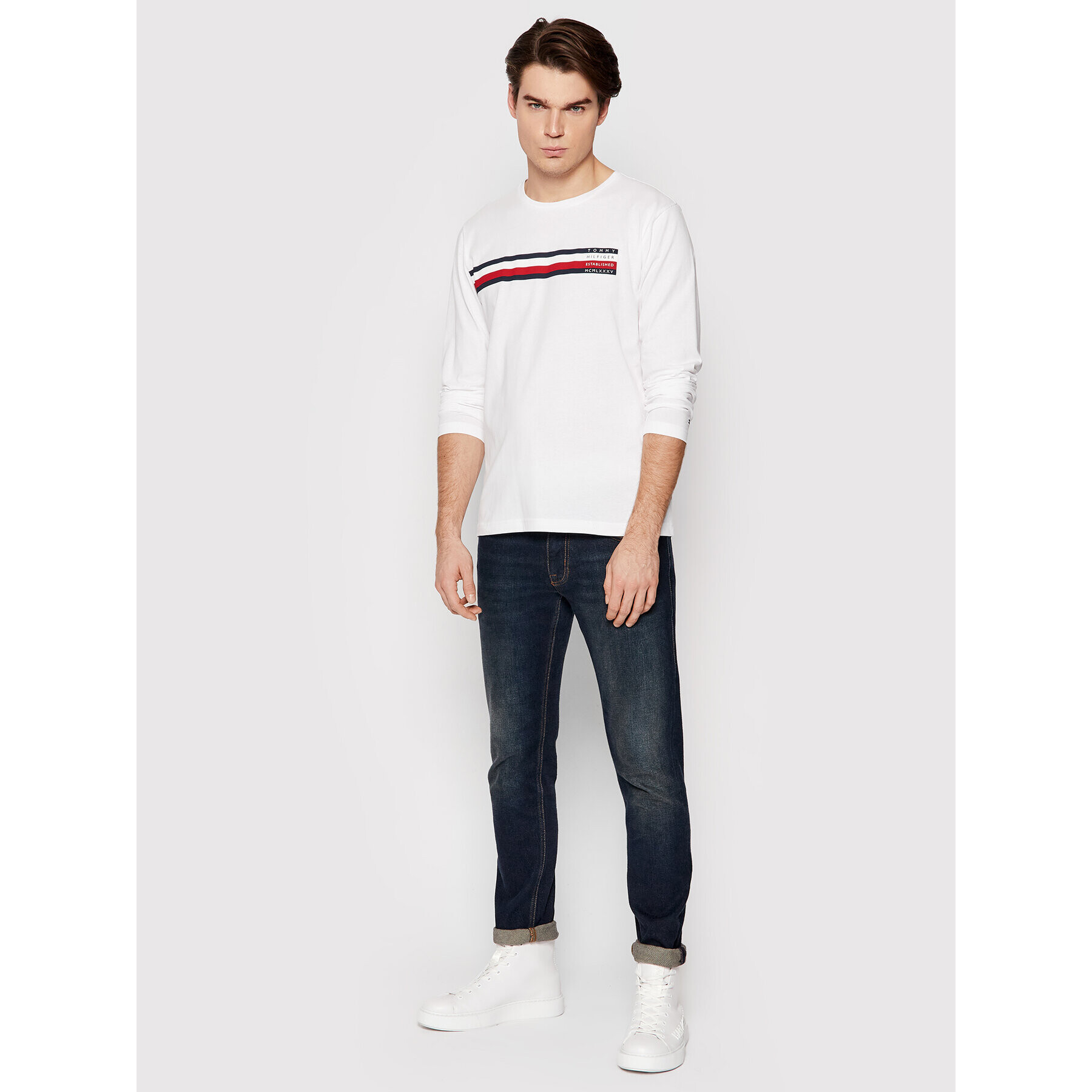 Tommy Hilfiger Longsleeve Sliced Bar Long Sleeve MW0MW20166 Alb Regular Fit - Pled.ro