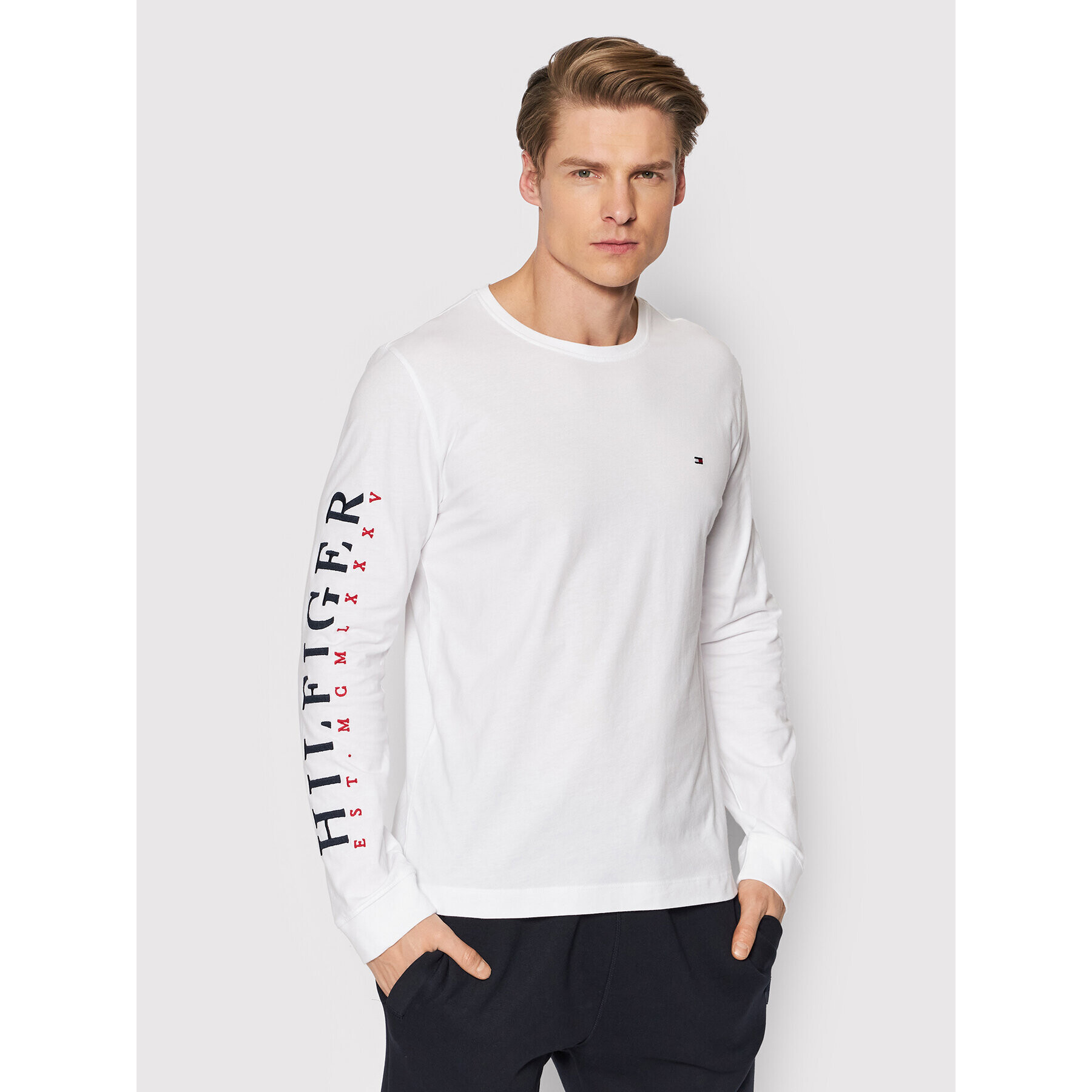 Tommy Hilfiger Longsleeve Vertical Logo MW0MW22131 Alb Regular Fit - Pled.ro