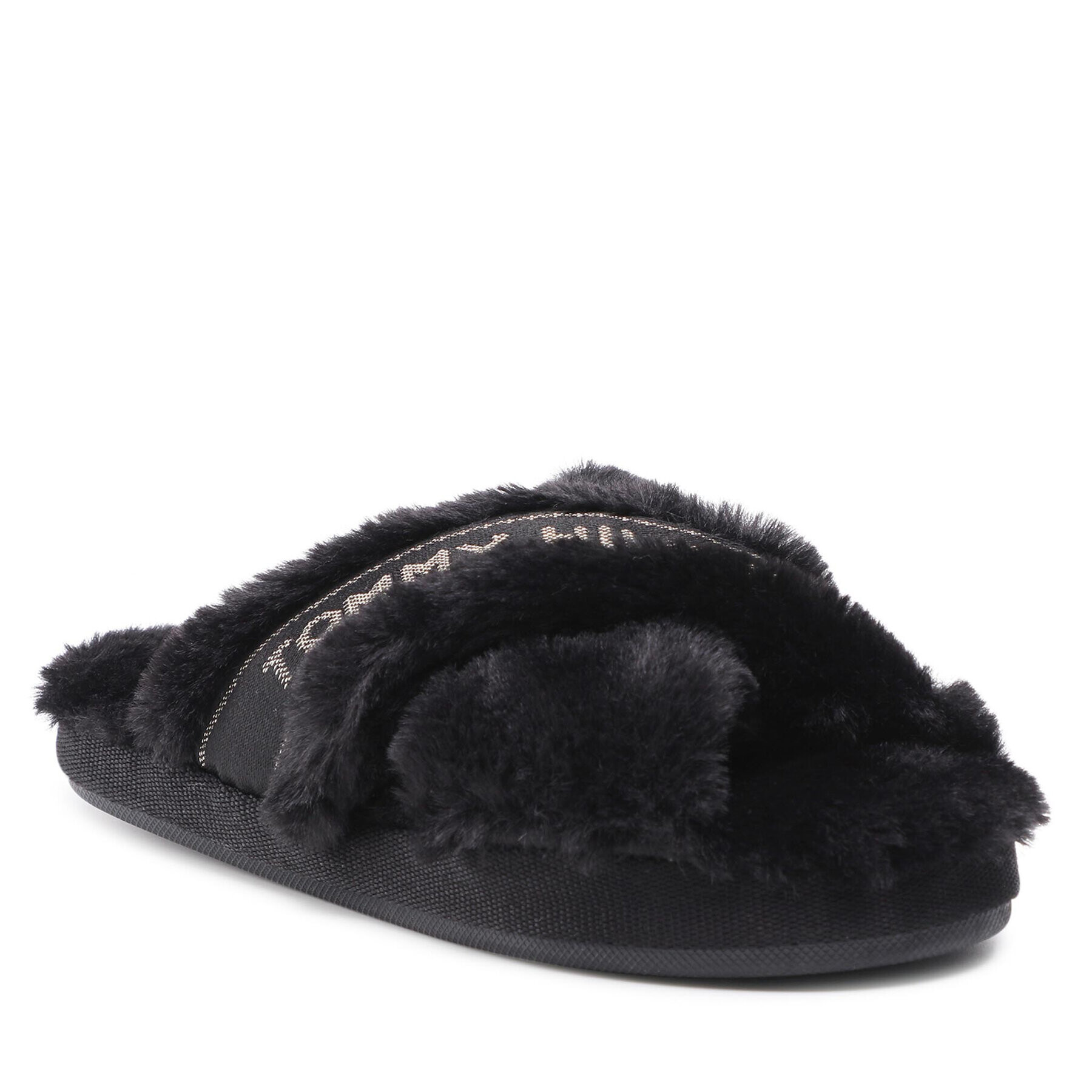 Tommy Hilfiger Papuci de casă Shiny Webbing Furry Slipper FW0FW06092 Negru - Pled.ro