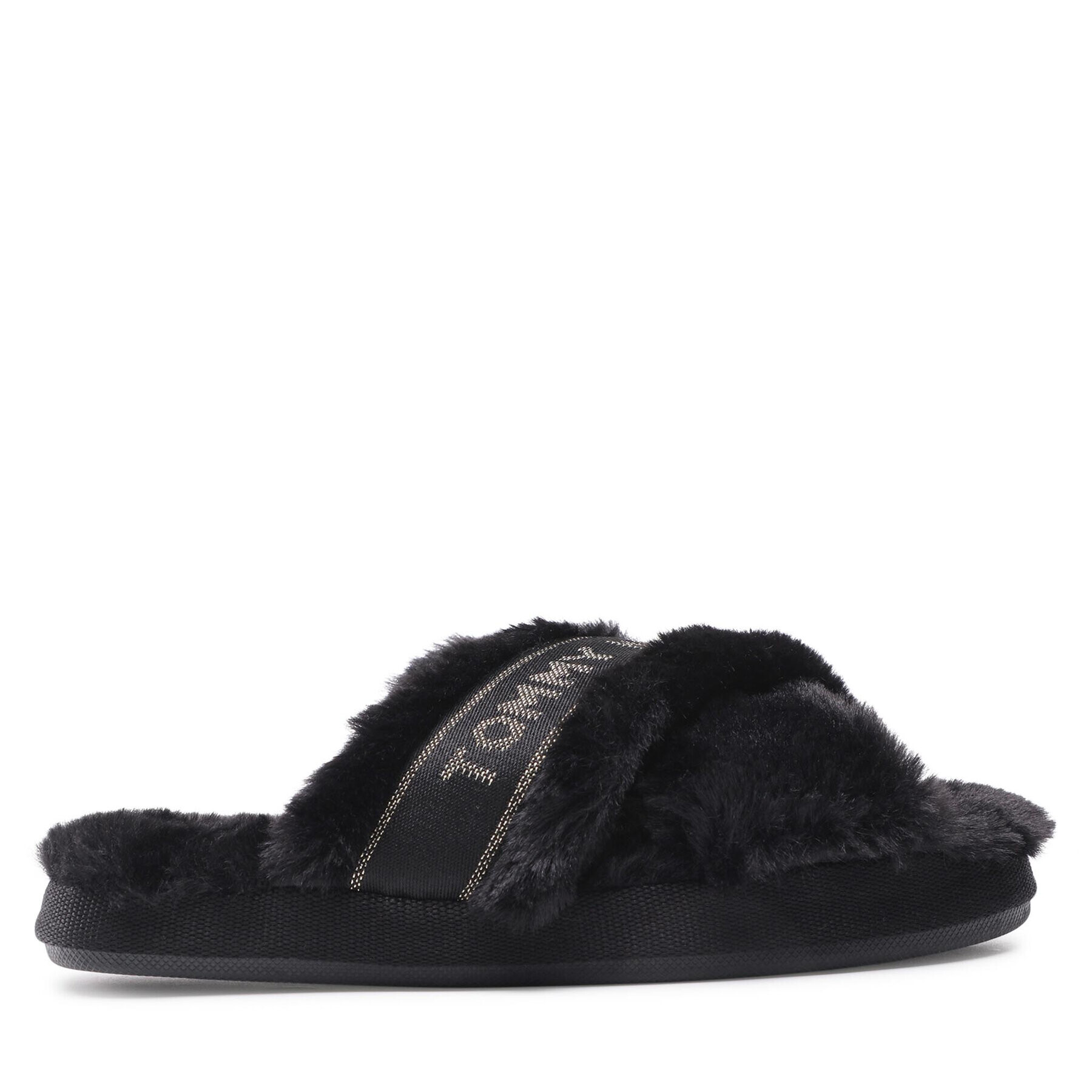 Tommy Hilfiger Papuci de casă Shiny Webbing Furry Slipper FW0FW06092 Negru - Pled.ro