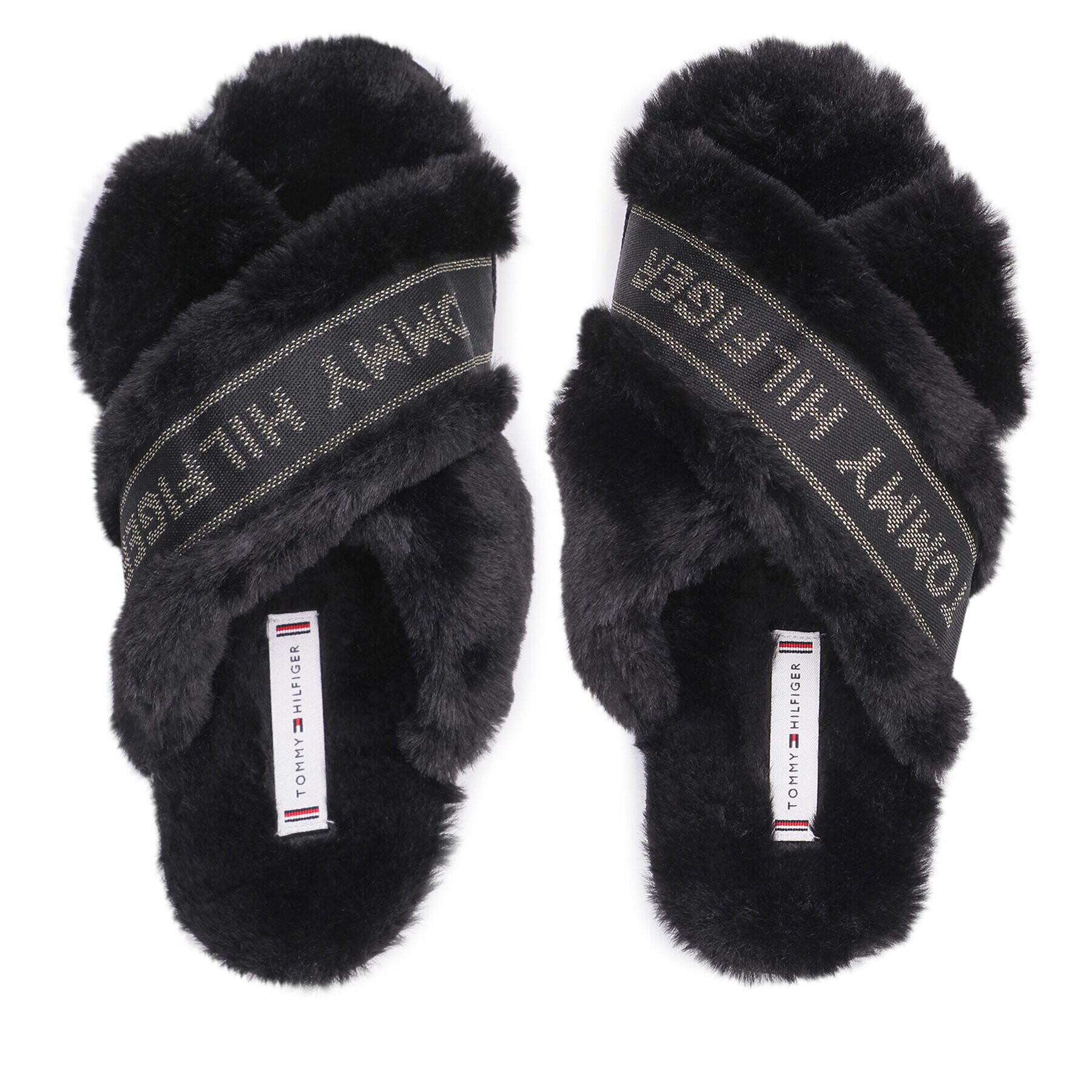 Tommy Hilfiger Papuci de casă Shiny Webbing Furry Slipper FW0FW06092 Negru - Pled.ro