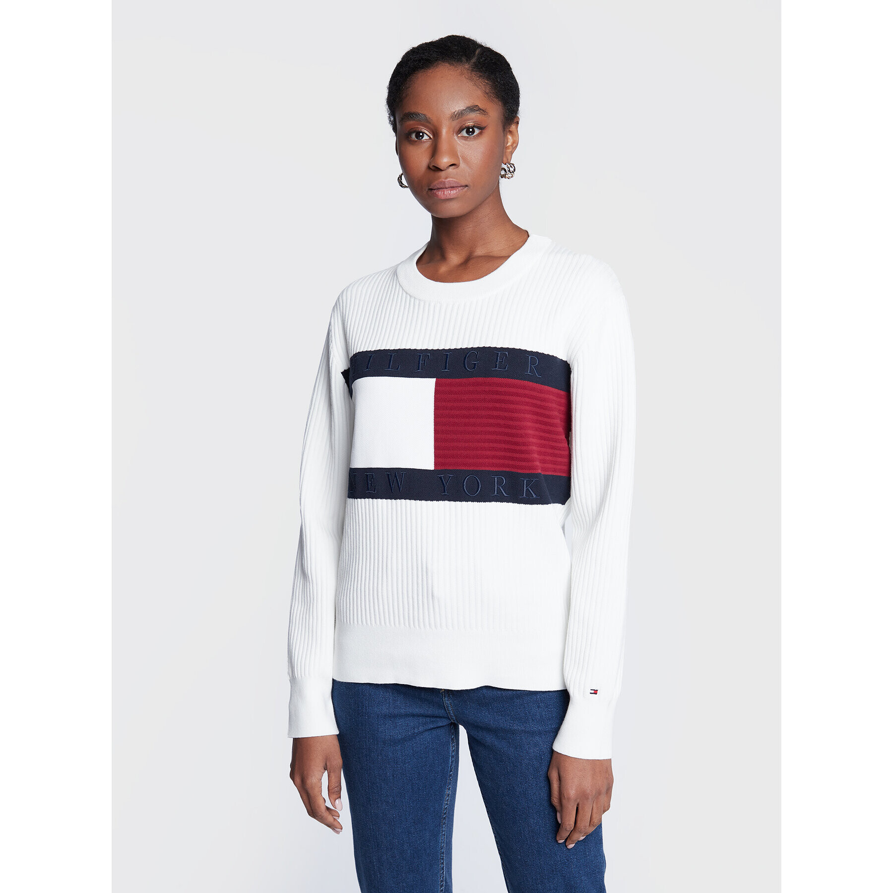 Tommy Hilfiger Pulover Flag WW0WW37457 Alb Regular Fit - Pled.ro