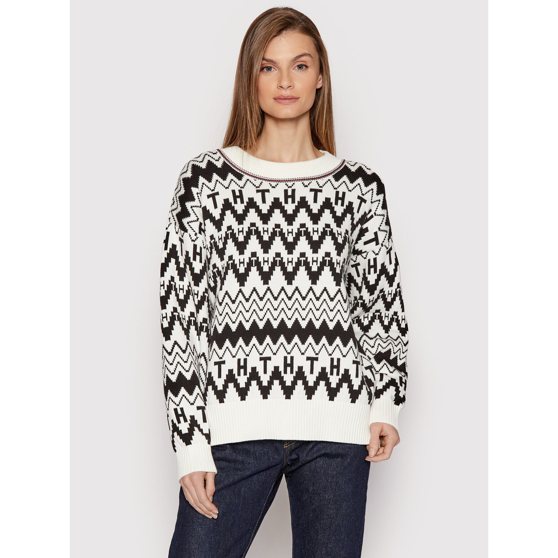 Tommy Hilfiger Pulover Icons Fair Isle WW0WW31437 Alb Oversize - Pled.ro