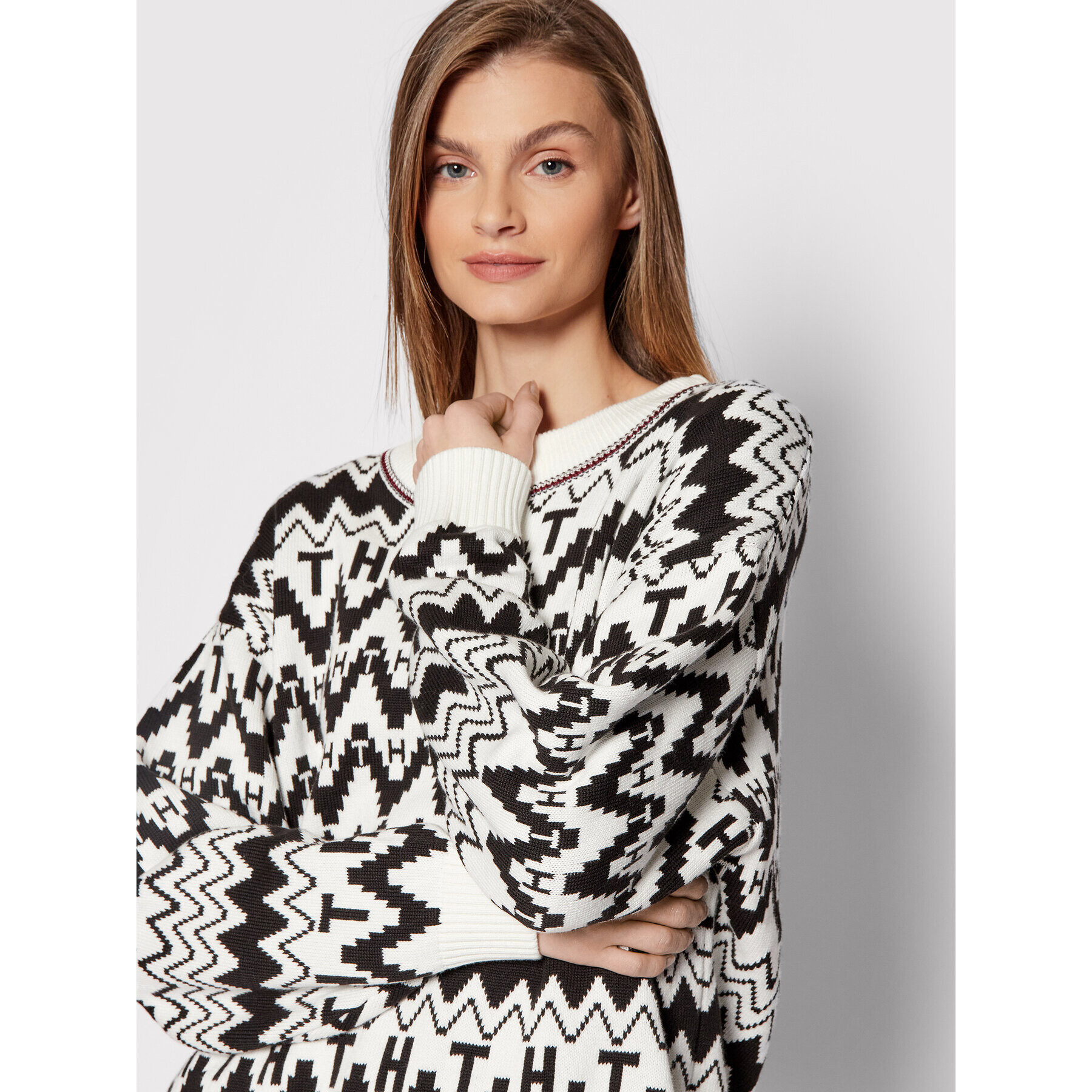 Tommy Hilfiger Pulover Icons Fair Isle WW0WW31437 Alb Oversize - Pled.ro