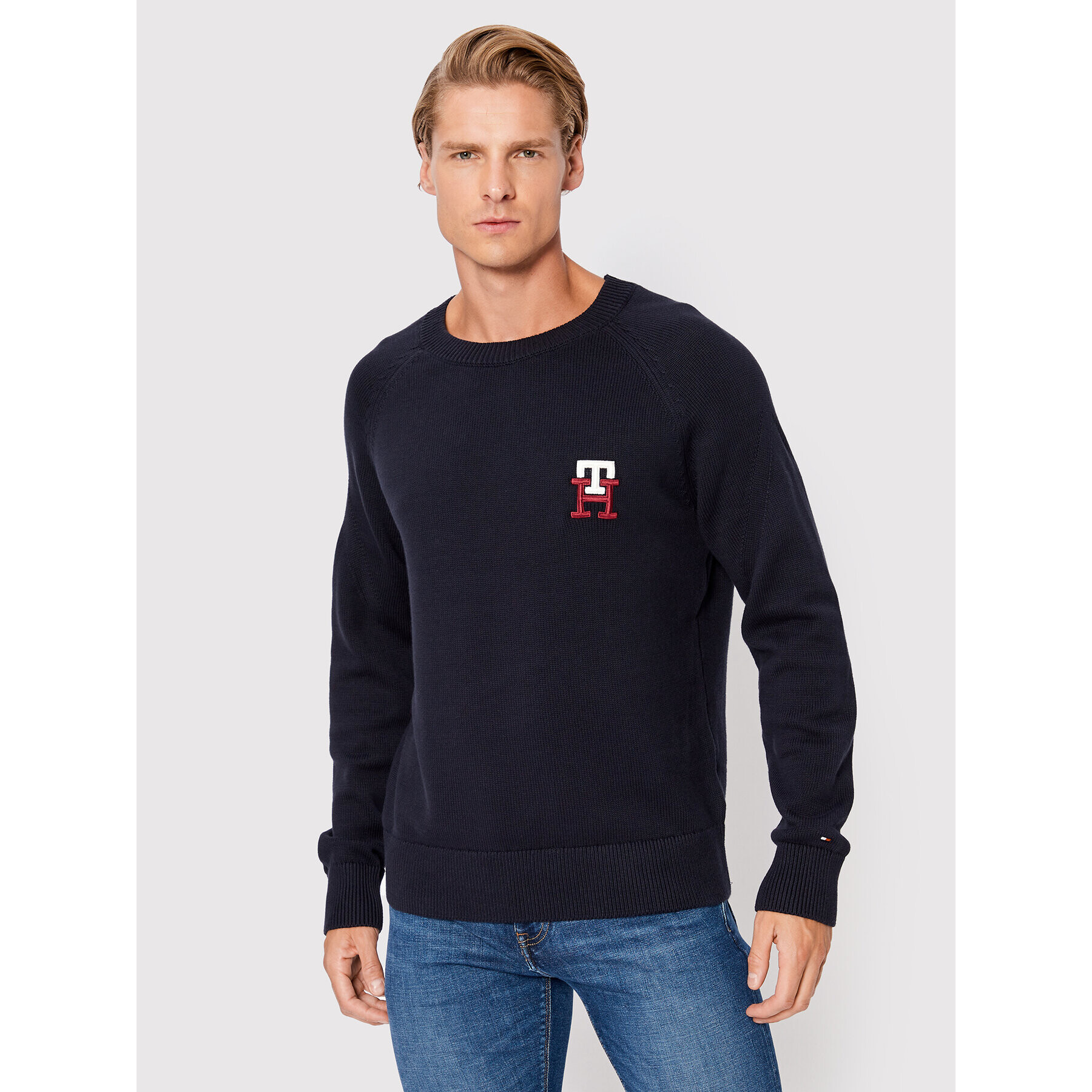 Tommy Hilfiger Pulover Monogram American MW0MW27938 Bleumarin Relaxed Fit - Pled.ro