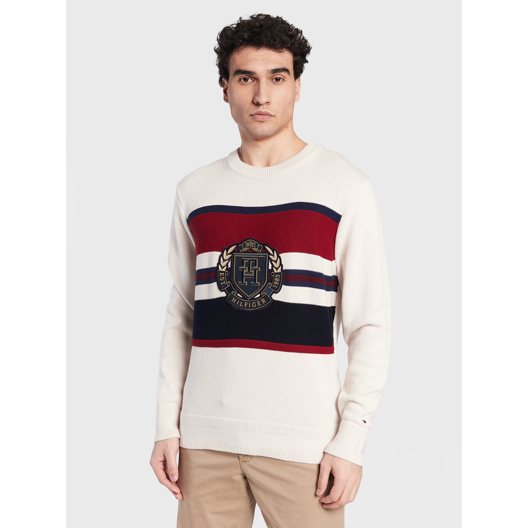 Tommy Hilfiger Pulover Seasonal Crest Stripe MW0MW29050 Écru Relaxed Fit - Pled.ro