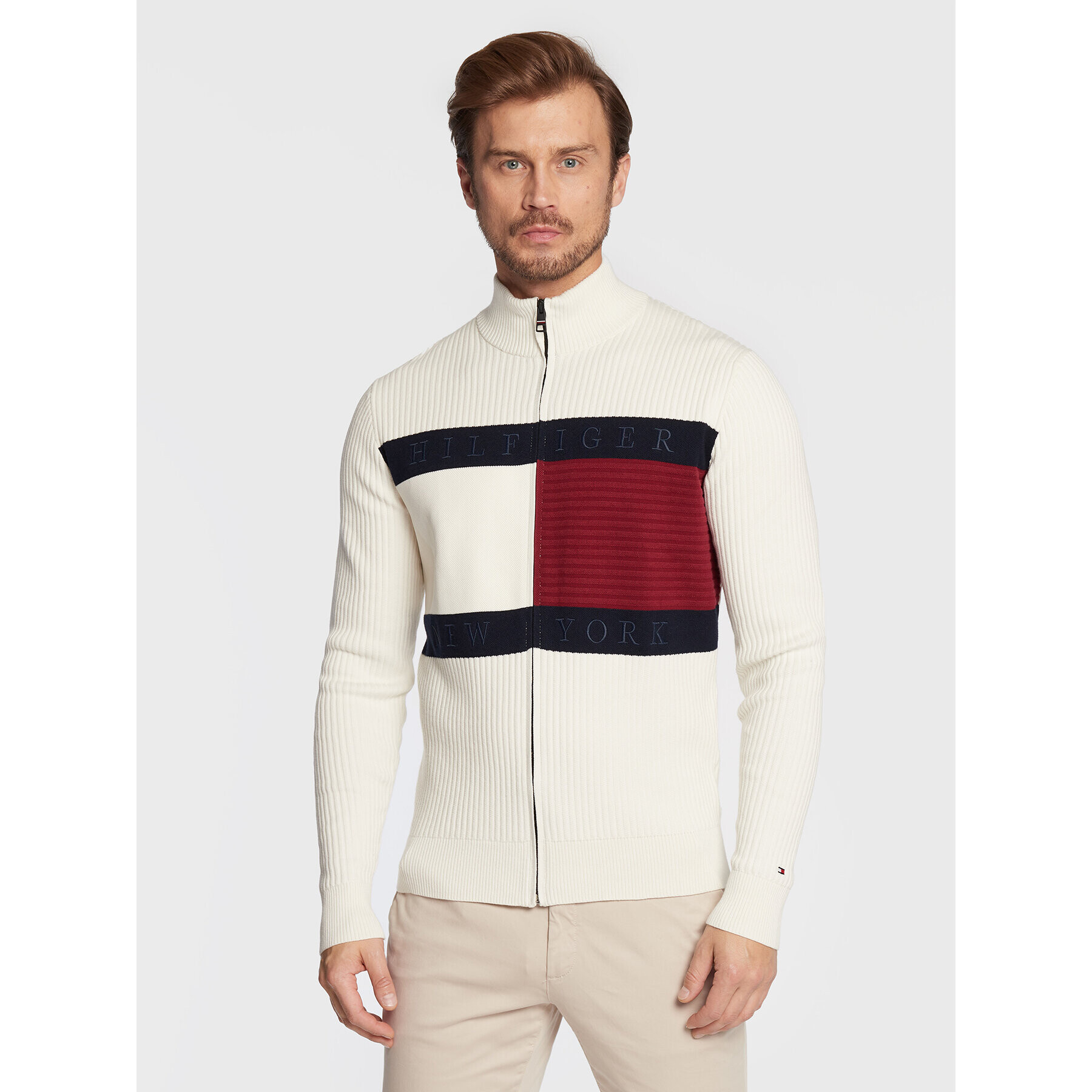 Tommy Hilfiger Pulover Structure Flag MW0MW25343 Alb Regular Fit - Pled.ro