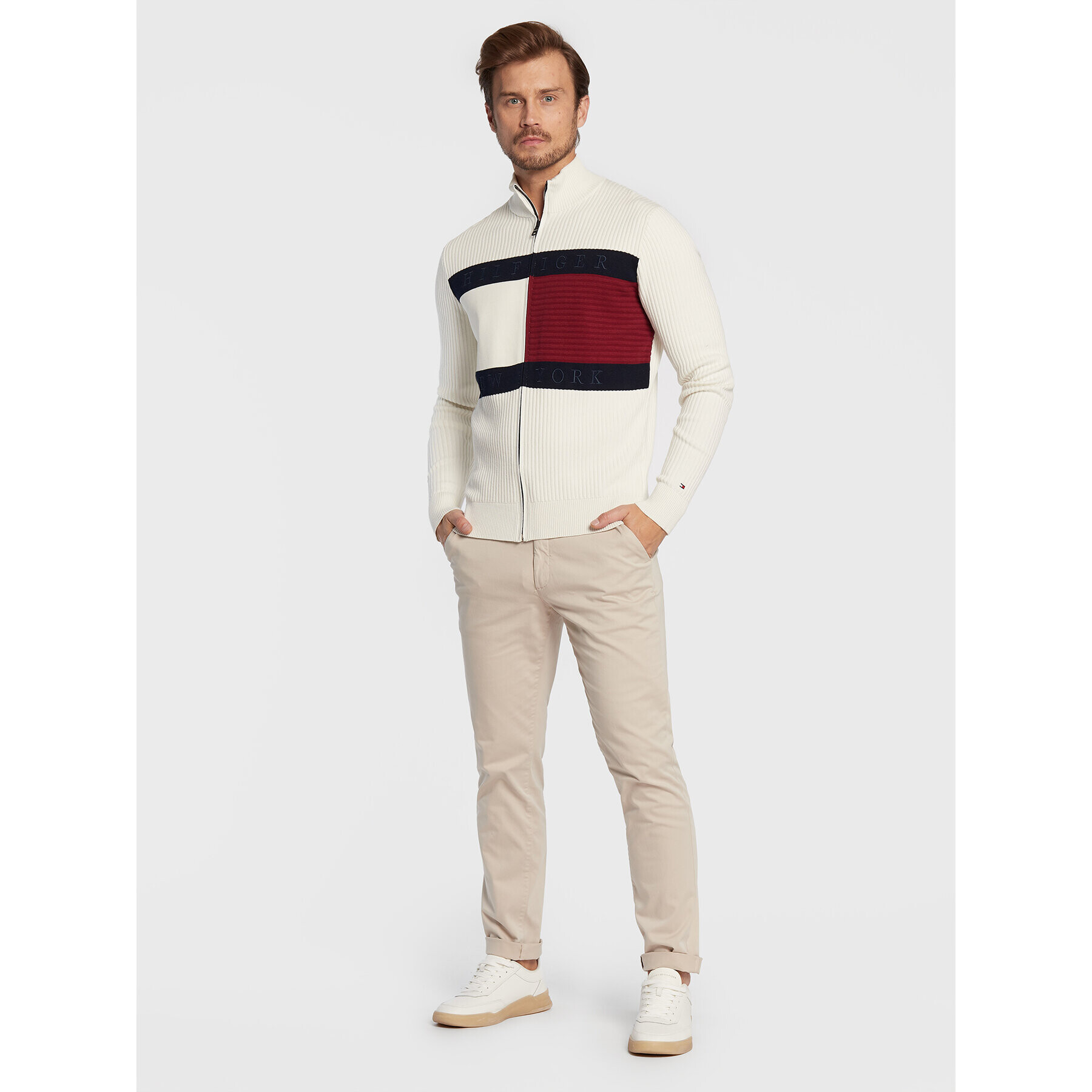 Tommy Hilfiger Pulover Structure Flag MW0MW25343 Alb Regular Fit - Pled.ro