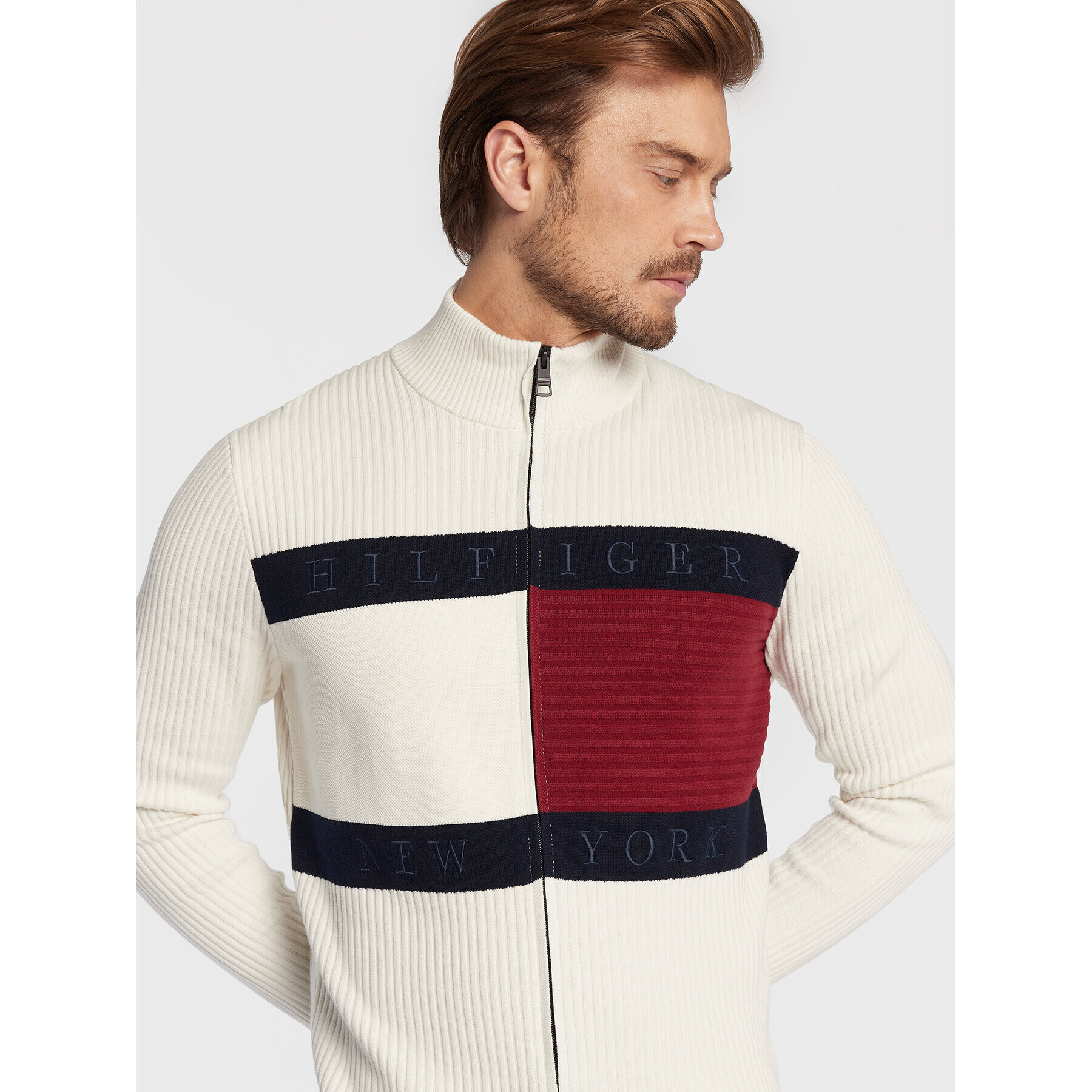 Tommy Hilfiger Pulover Structure Flag MW0MW25343 Alb Regular Fit - Pled.ro