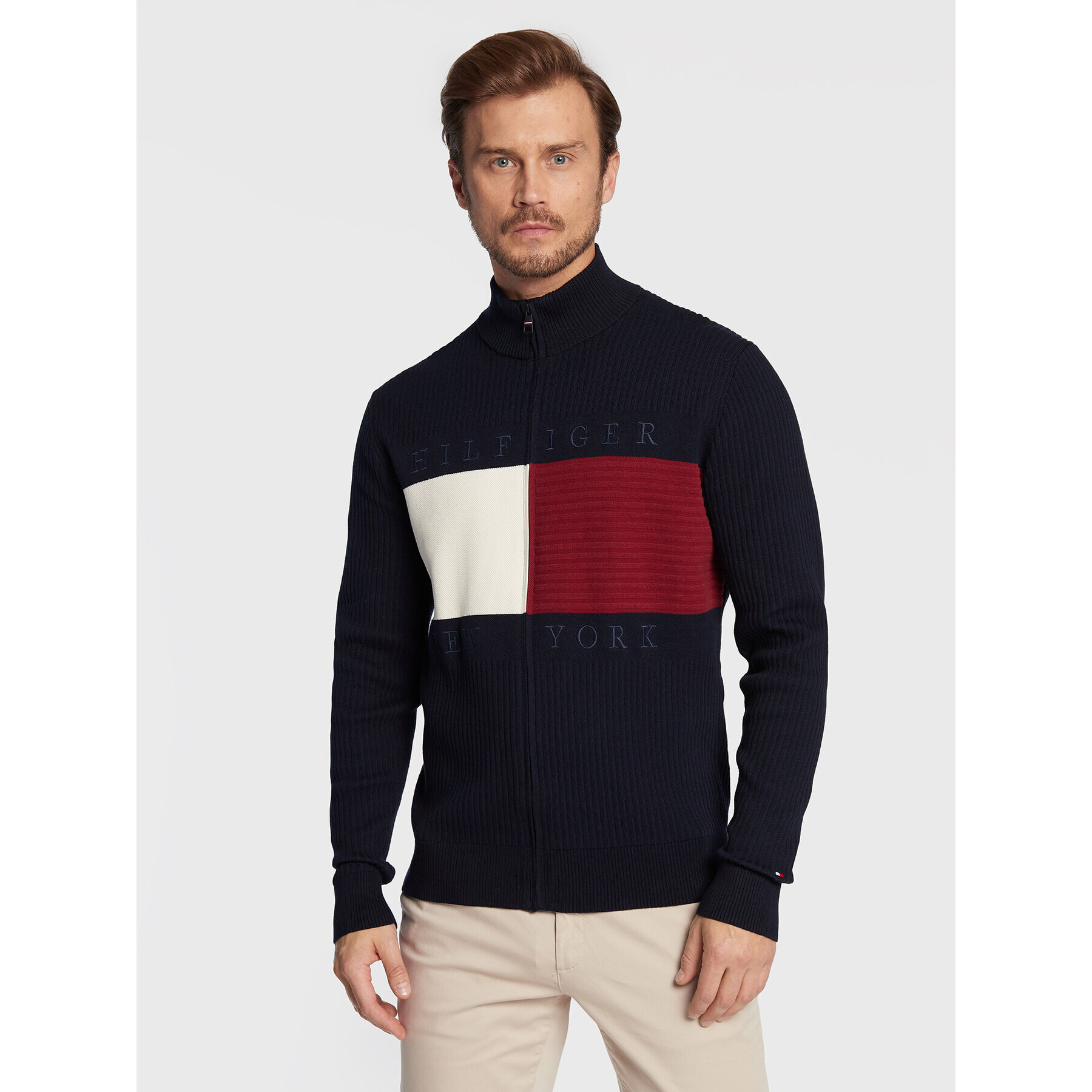 Tommy Hilfiger Pulover Structure Flag MW0MW25343 Bleumarin Regular Fit - Pled.ro