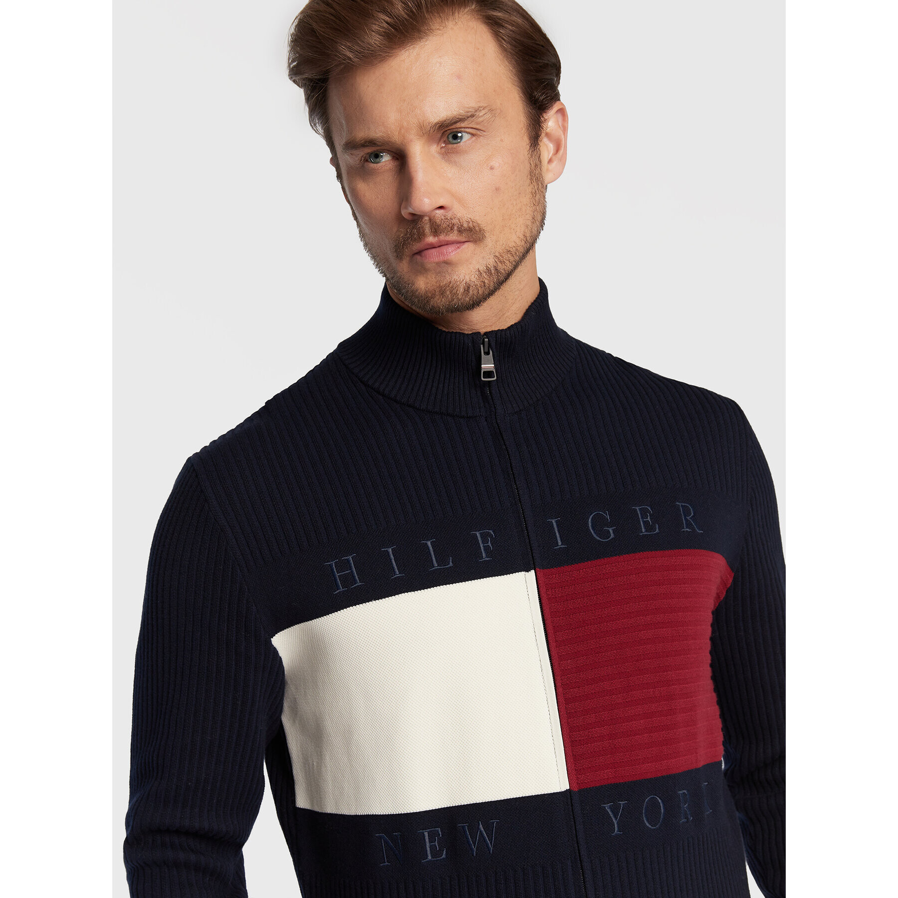 Tommy Hilfiger Pulover Structure Flag MW0MW25343 Bleumarin Regular Fit - Pled.ro