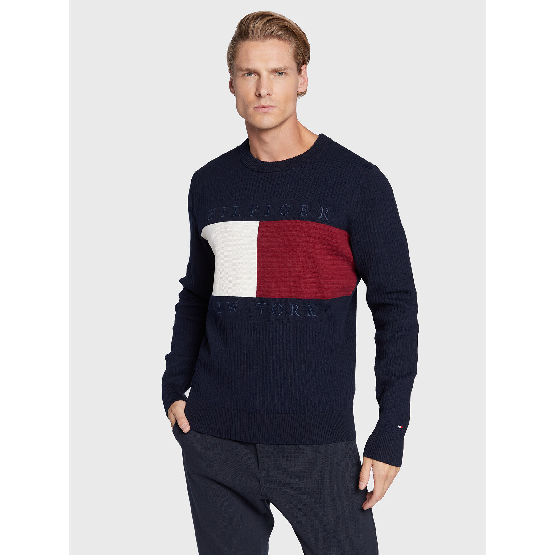 Tommy Hilfiger Pulover Structure Flag MW0MW25413 Bleumarin Regular Fit - Pled.ro