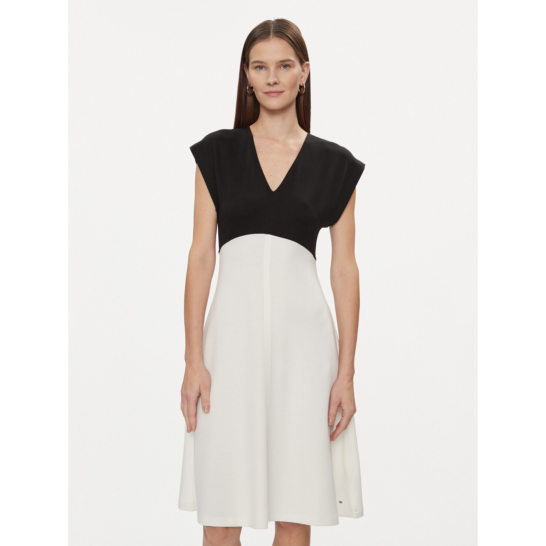 Tommy Hilfiger Rochie cocktail Shiny Interlock V-Nk Ns Knee Drs WW0WW40731 Écru Slim Fit - Pled.ro