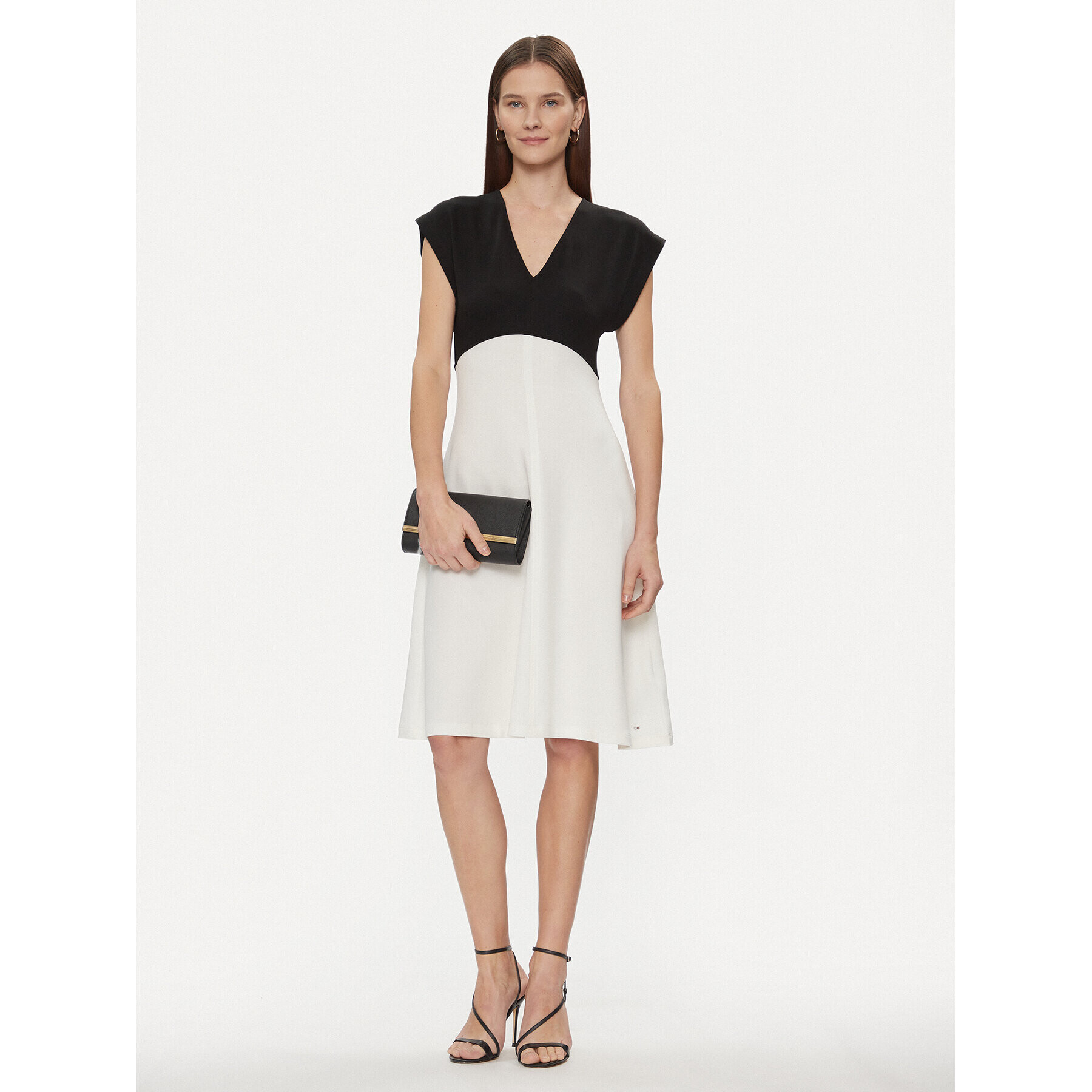 Tommy Hilfiger Rochie cocktail Shiny Interlock V-Nk Ns Knee Drs WW0WW40731 Écru Slim Fit - Pled.ro