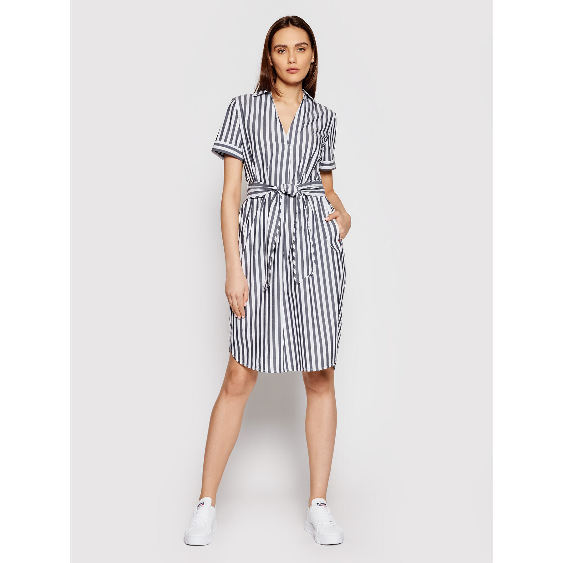 Tommy Hilfiger Rochie tip cămașă Cot Poplin WW0WW30352 Gri Regular Fit - Pled.ro