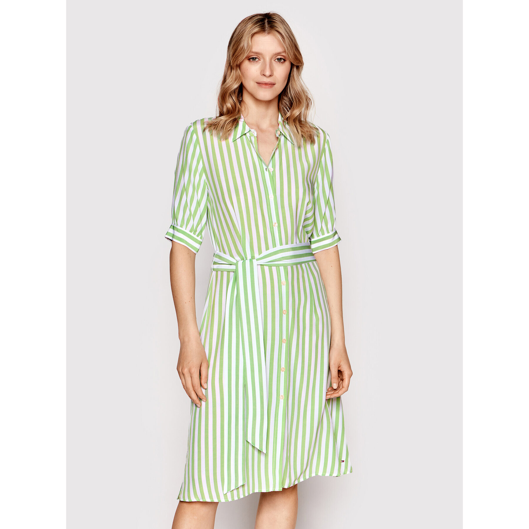 Tommy Hilfiger Rochie tip cămașă Stripe WW0WW35297 Verde Regular Fit - Pled.ro