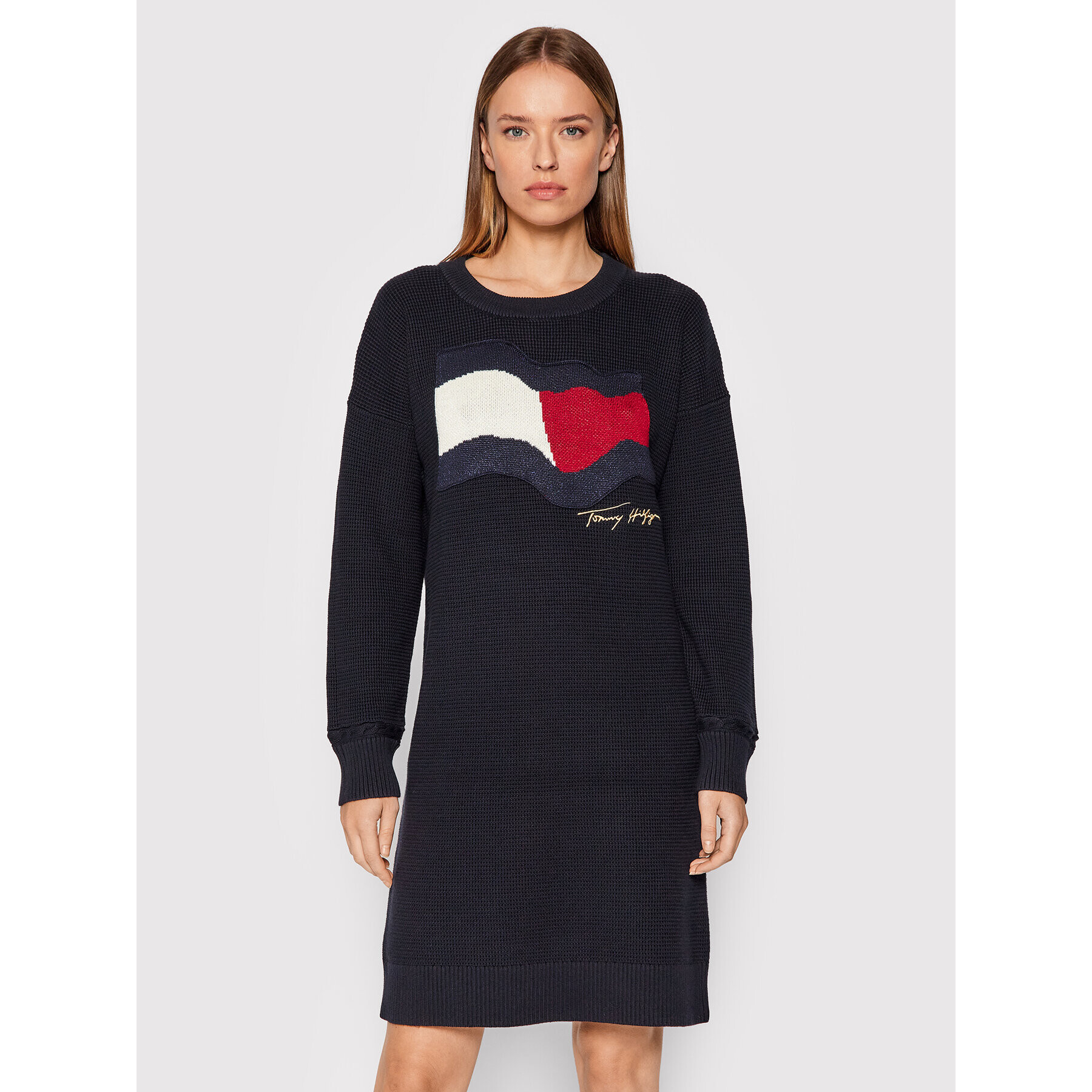 Tommy Hilfiger Rochie tricotată Motion Flag WW0WW31116 Bleumarin Relaxed Fit - Pled.ro