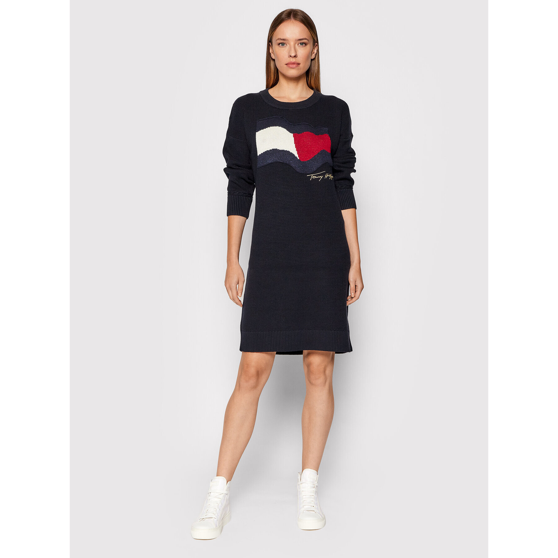 Tommy Hilfiger Rochie tricotată Motion Flag WW0WW31116 Bleumarin Relaxed Fit - Pled.ro