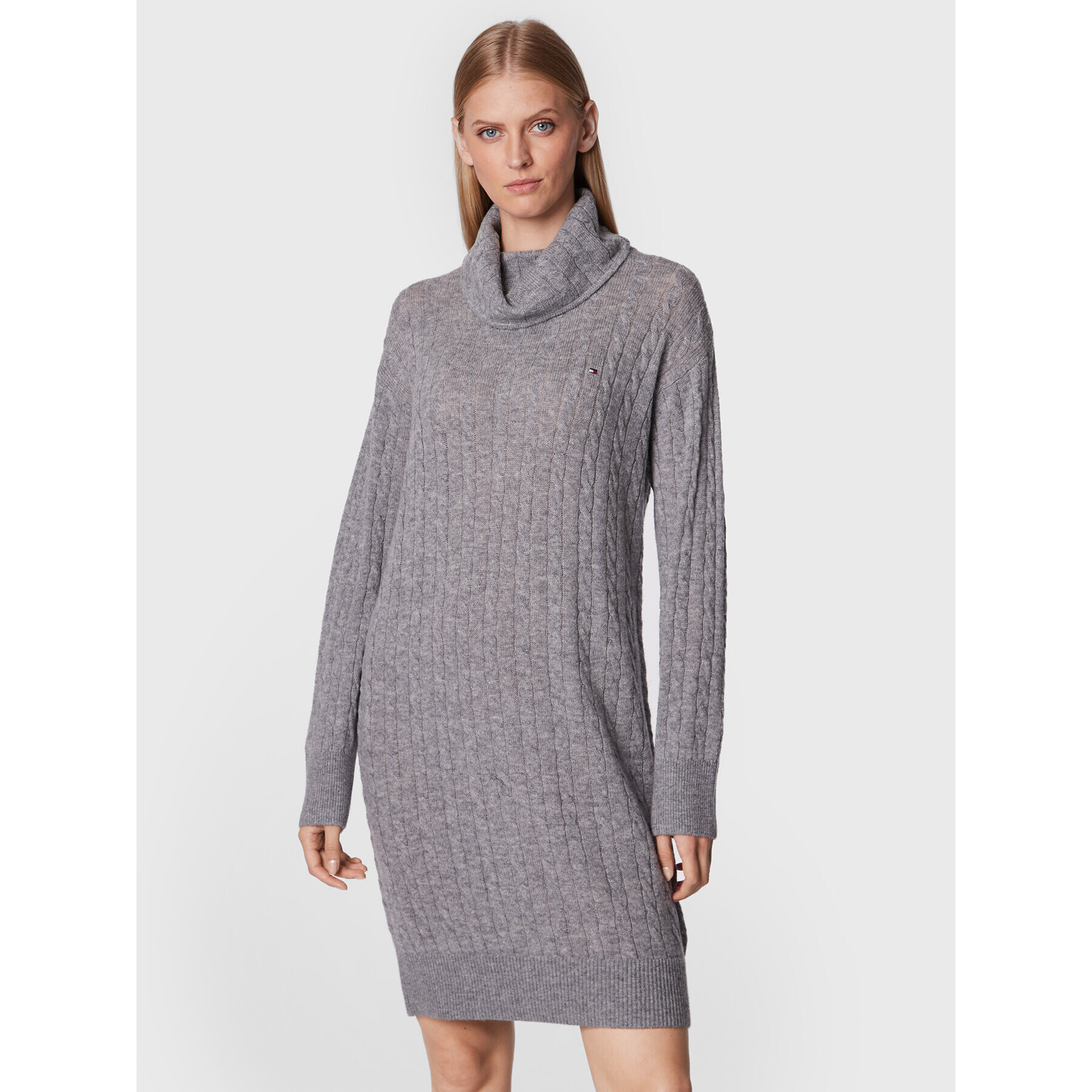 Tommy Hilfiger Rochie tricotată Softwool Cable WW0WW36805 Gri Relaxed Fit - Pled.ro