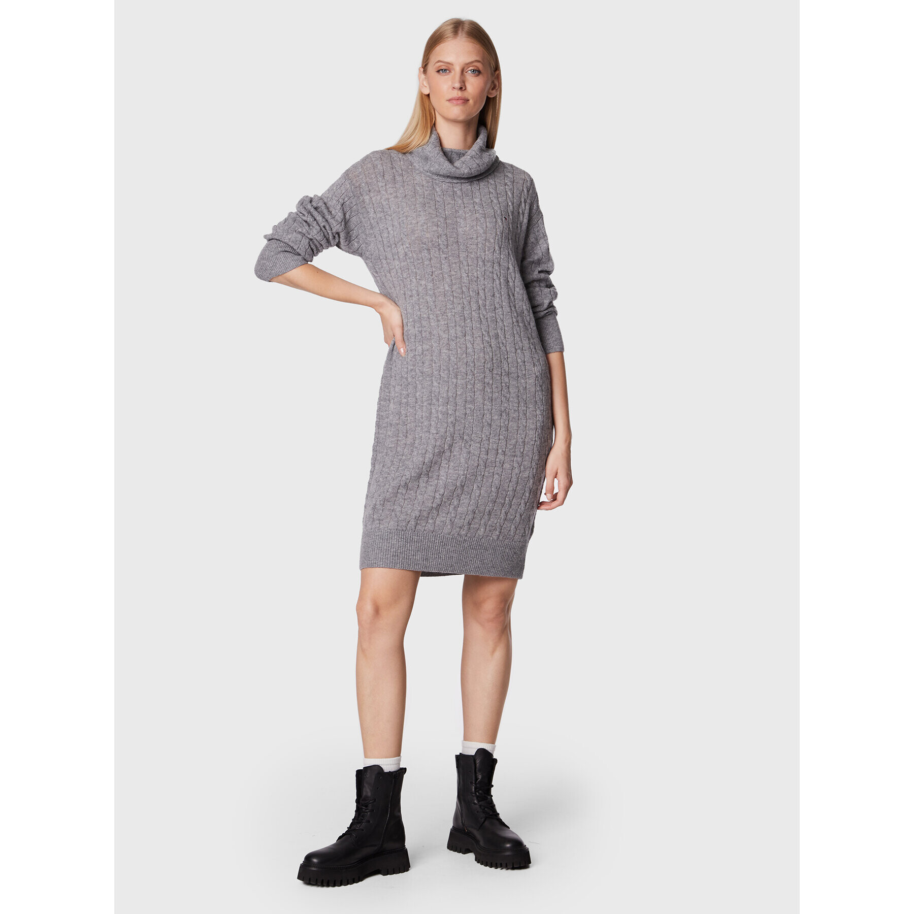 Tommy Hilfiger Rochie tricotată Softwool Cable WW0WW36805 Gri Relaxed Fit - Pled.ro