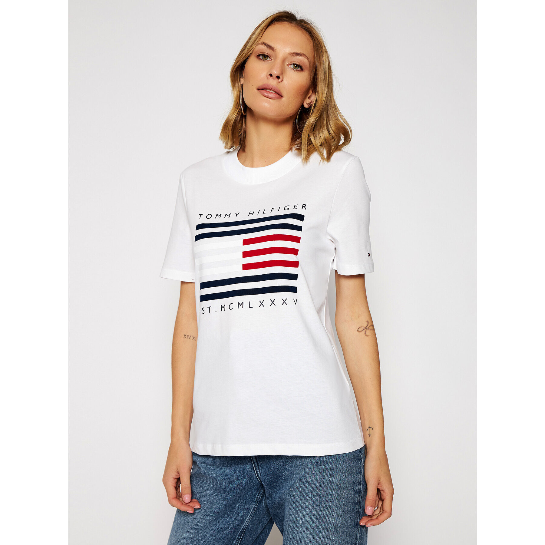 Tommy Hilfiger Tricou C-Nk Flock WW0WW29362 Alb Regular Fit - Pled.ro