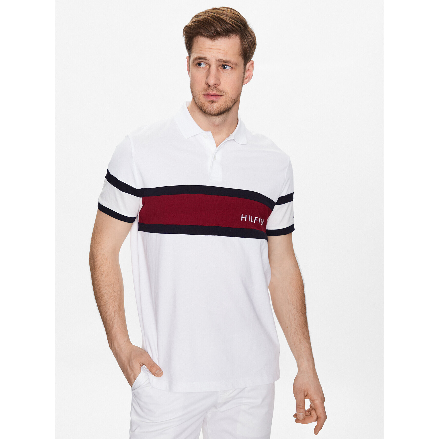 Tommy Hilfiger Tricou polo Colourblock Placement MW0MW30755 Alb Regular Fit - Pled.ro