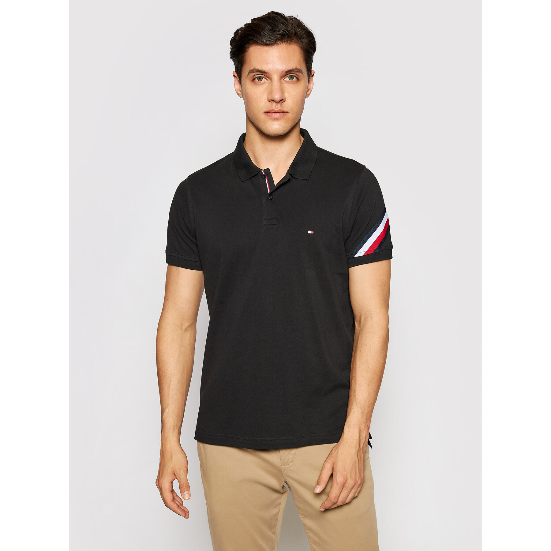 Tommy Hilfiger Tricou polo Gs Sleeve Tape MW0MW17789 Negru Slim Fit - Pled.ro