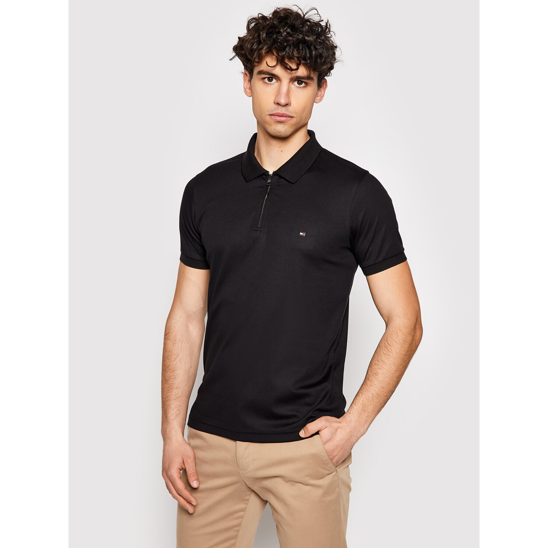 Tommy Hilfiger Tricou polo Interlock Zip MW0MW18309 Negru Slim Fit - Pled.ro