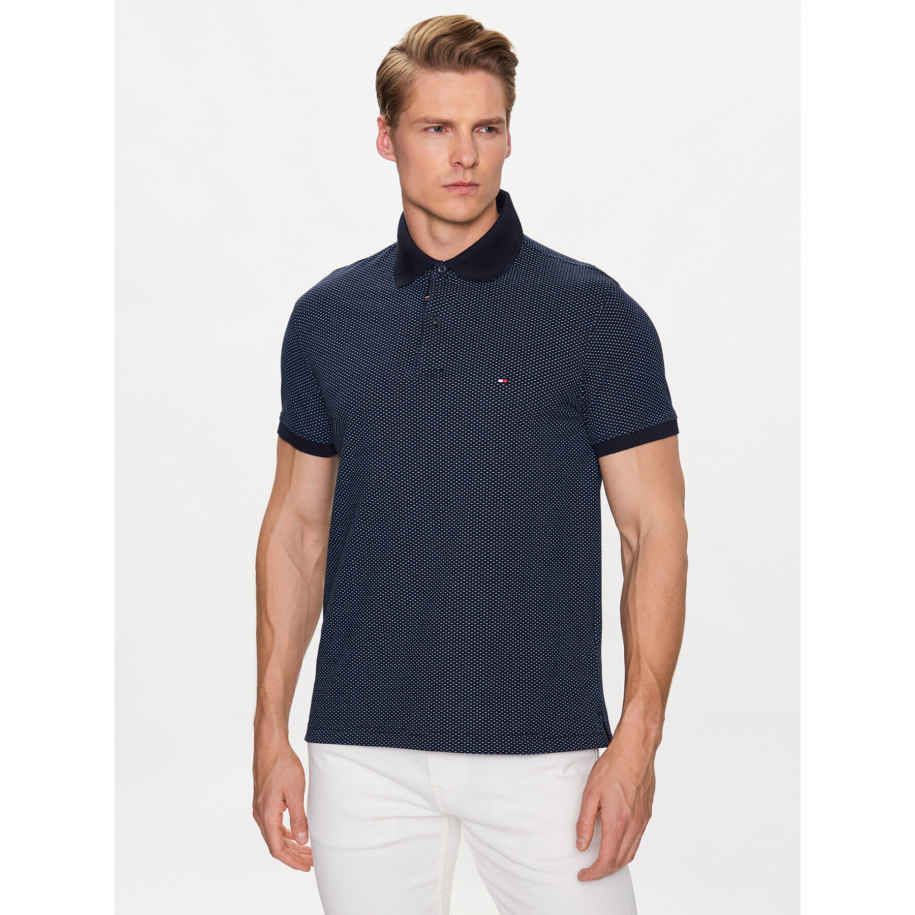 Tommy Hilfiger Tricou polo Micro Print MW0MW30775 Bleumarin Slim Fit - Pled.ro