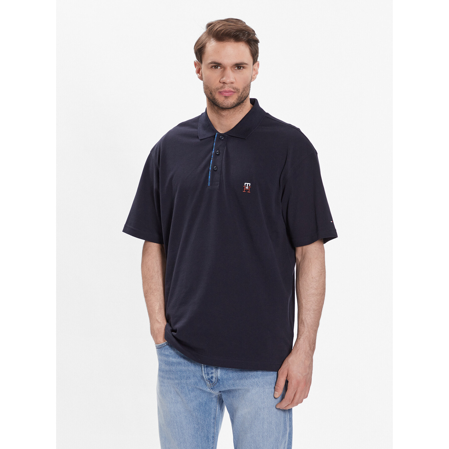 Tommy Hilfiger Tricou polo Monogram Placket MW0MW30785 Bleumarin Loose Fit - Pled.ro