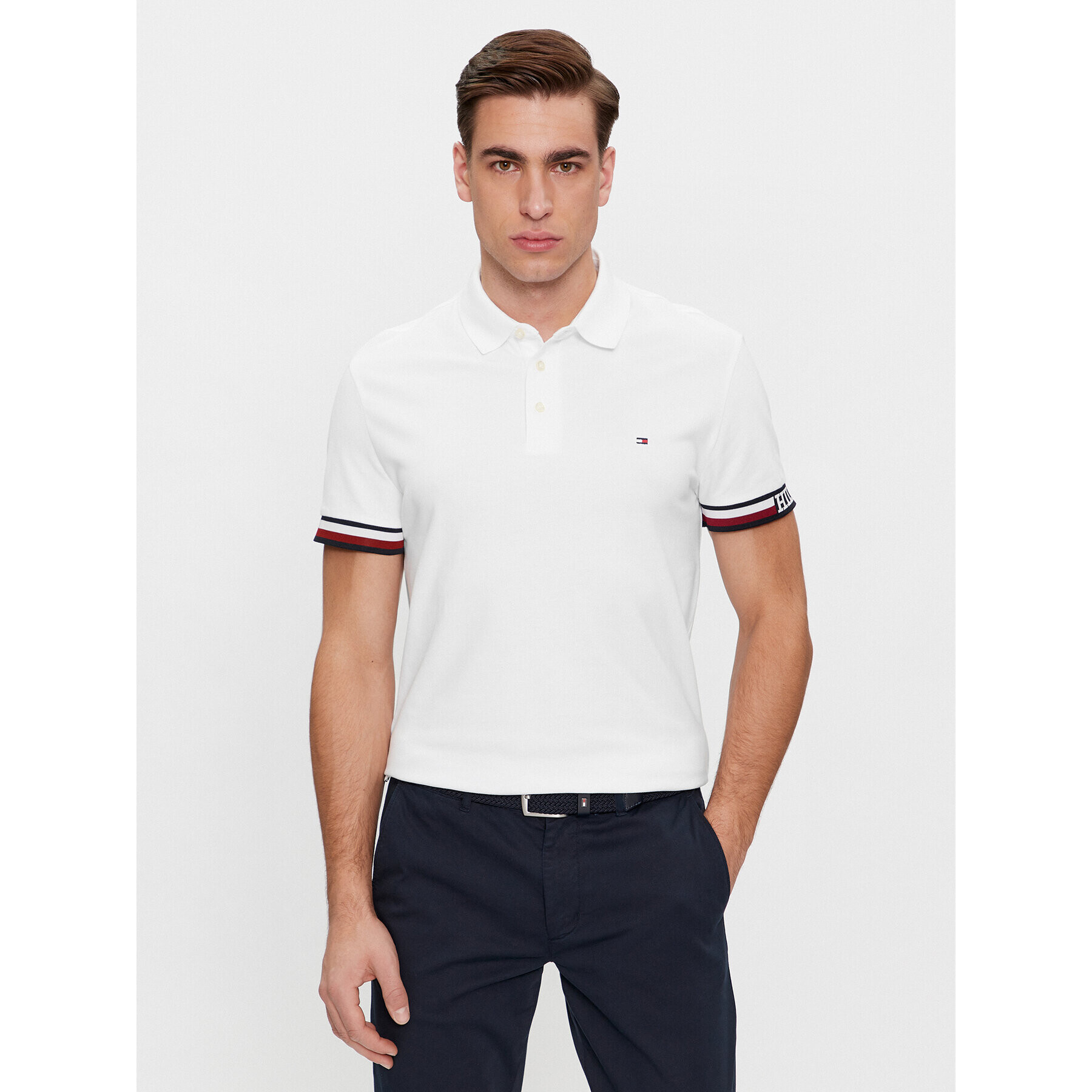 Tommy Hilfiger Tricou polo Monotype Flag MW0MW33585 Alb Slim Fit - Pled.ro