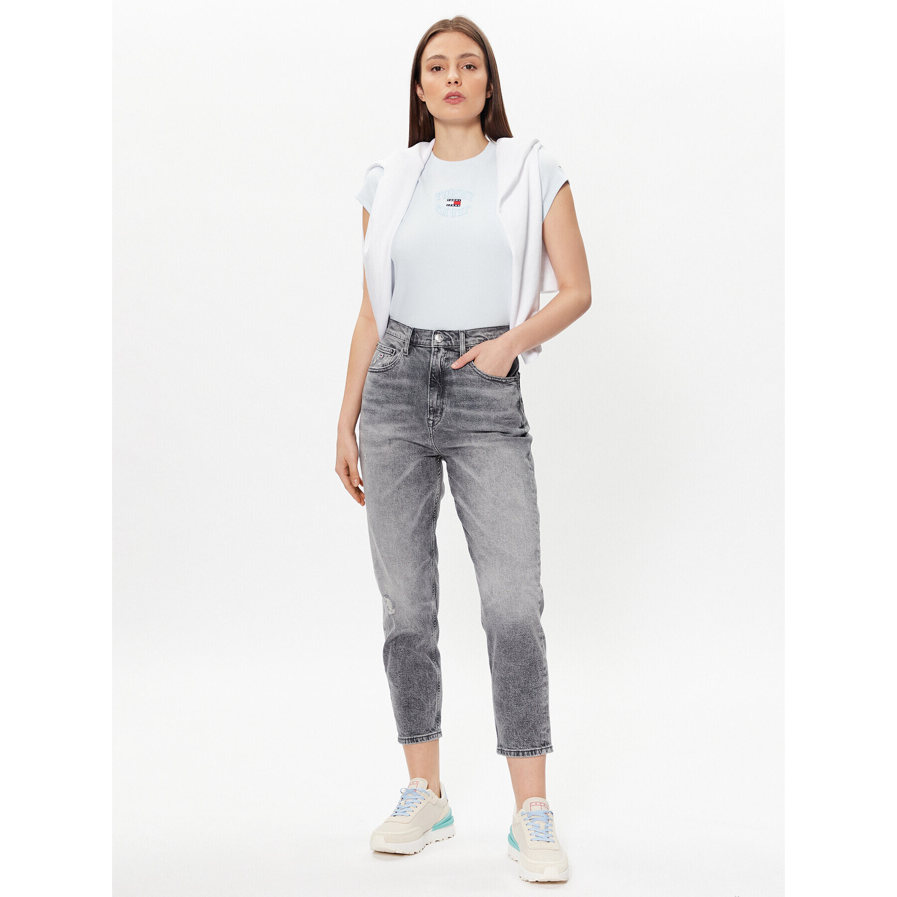 Tommy Jeans Blugi DW0DW15516 Gri Mom Fit - Pled.ro