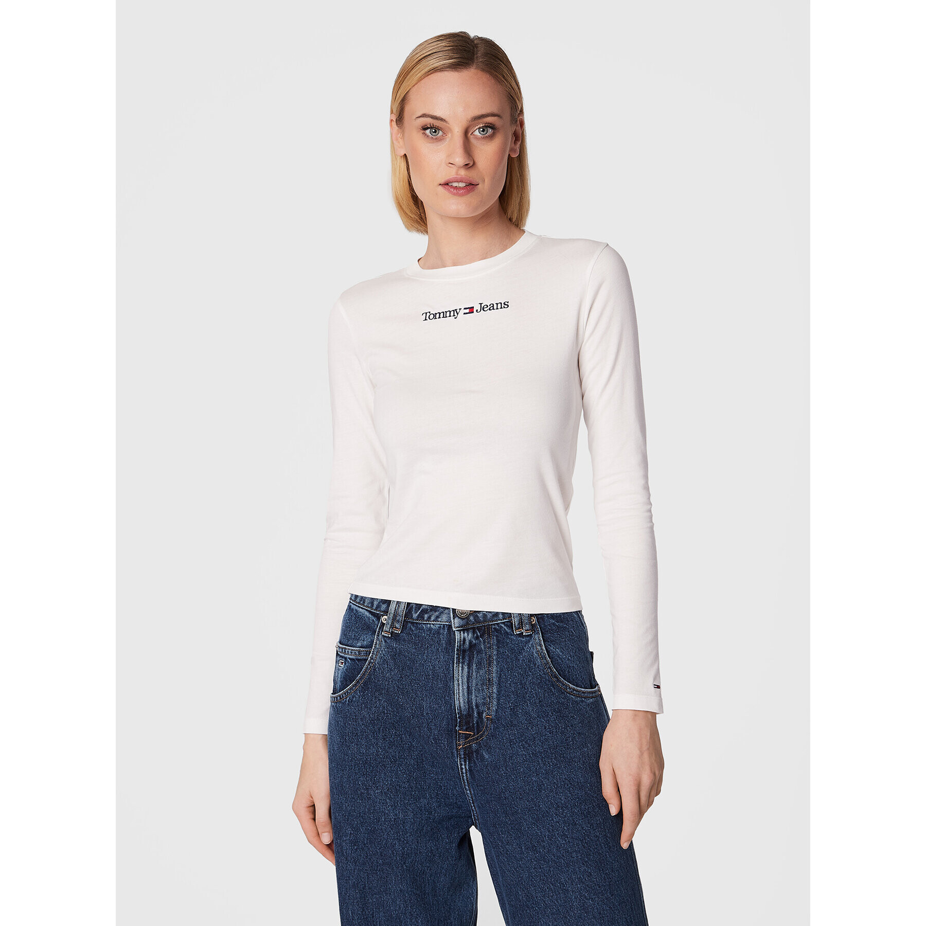 Tommy Jeans Bluză Baby Serif Linear DW0DW14363 Alb Regular Fit - Pled.ro