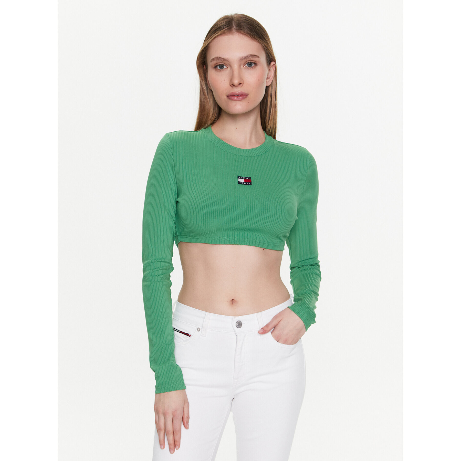 Tommy Jeans Bluză Badge DW0DW15306 Verde Regular Fit - Pled.ro