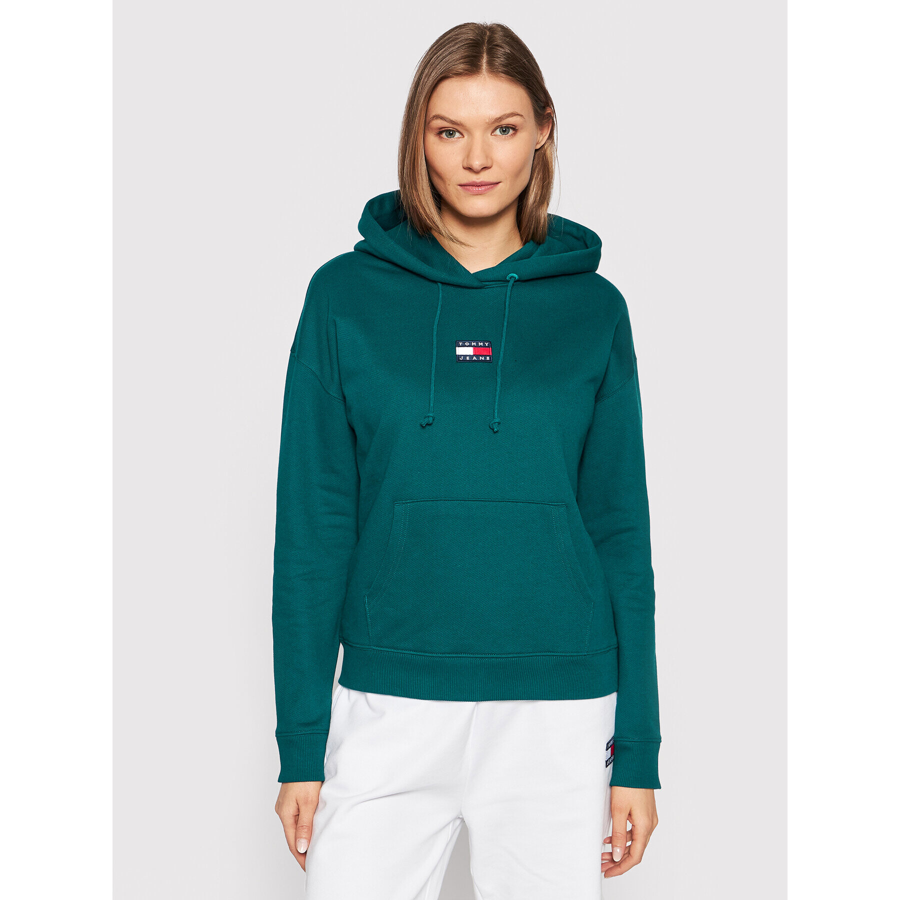 Tommy Jeans Bluză Center Badge DW0DW10403 Verde Relaxed Fit - Pled.ro