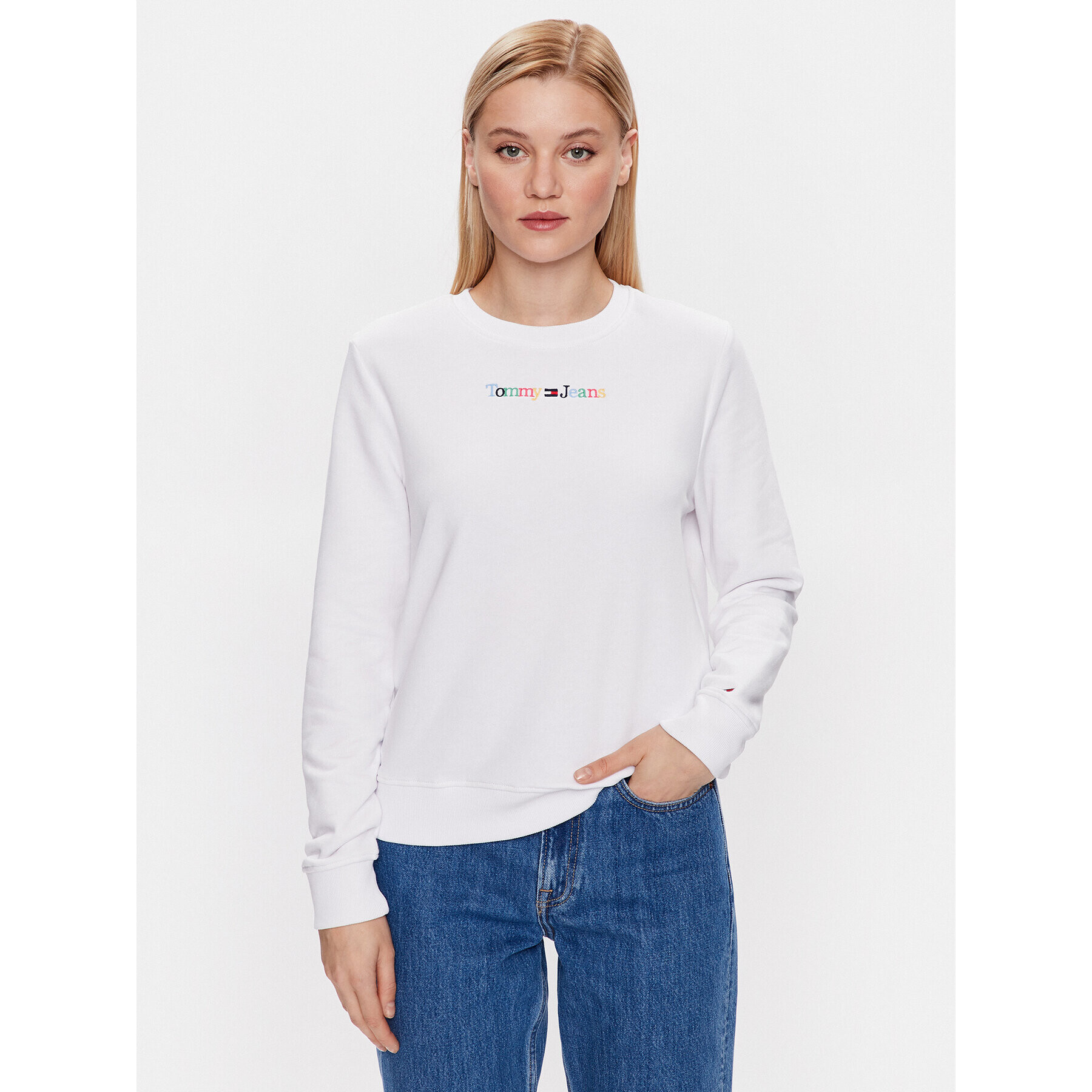 Tommy Jeans Bluză Color Serif Linear Crew DW0DW15648 Alb Regular Fit - Pled.ro