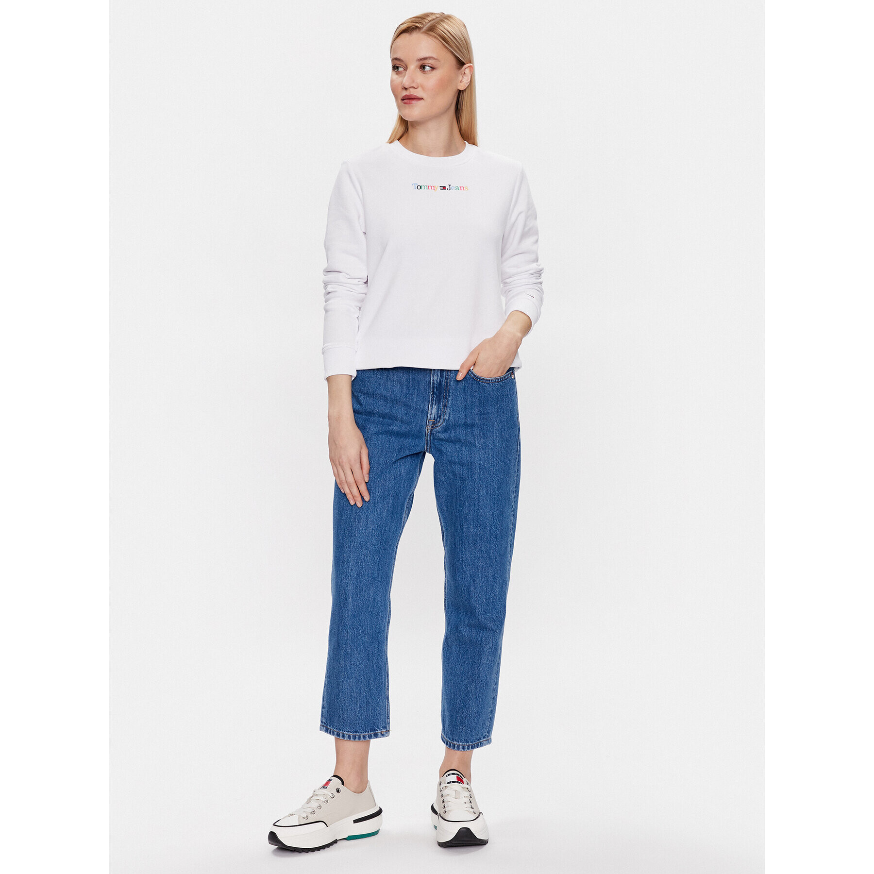 Tommy Jeans Bluză Color Serif Linear Crew DW0DW15648 Alb Regular Fit - Pled.ro