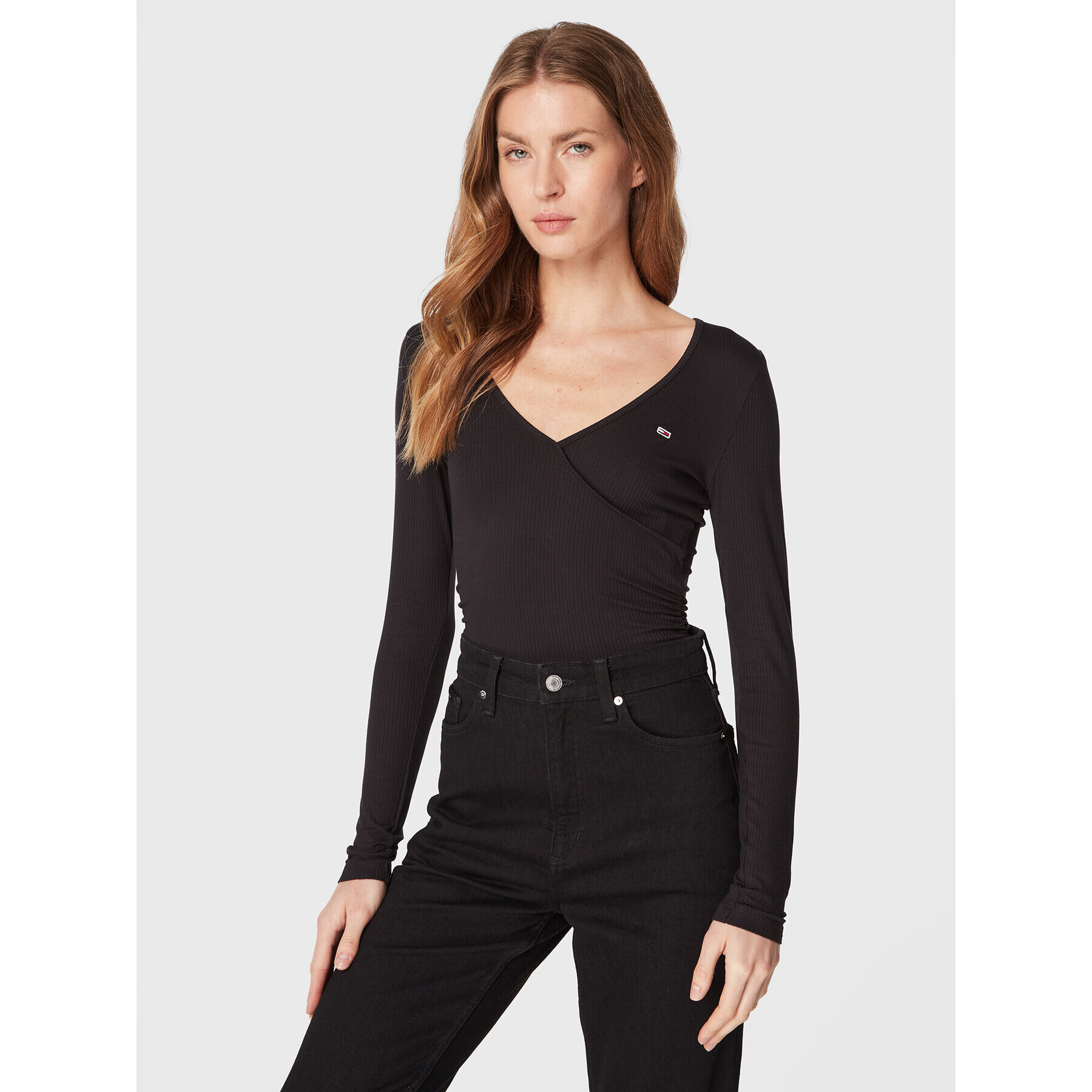 Tommy Jeans Bluză Crop Rib Wrap Ruching DW0DW14326 Negru Slim Fit - Pled.ro