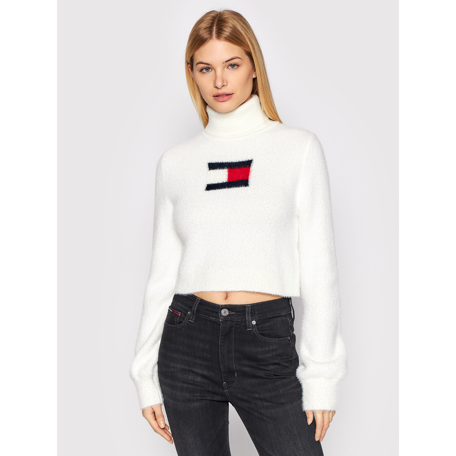 Tommy Jeans Bluză cu gât Furry Flag DW0DW11719 Alb Cropped Fit - Pled.ro