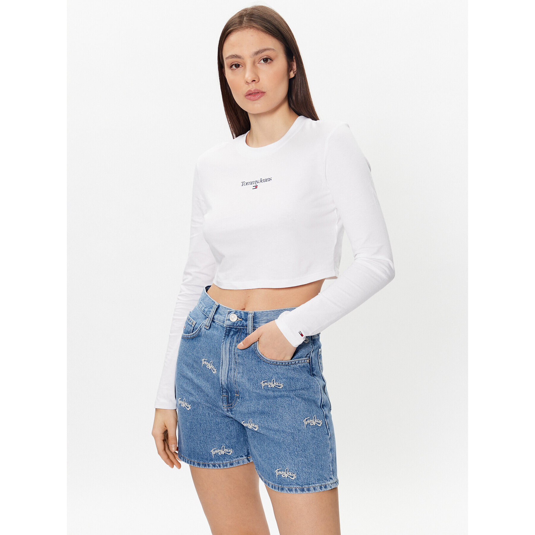 Tommy Jeans Bluză Essential Logo DW0DW15443 Alb Cropped Fit - Pled.ro