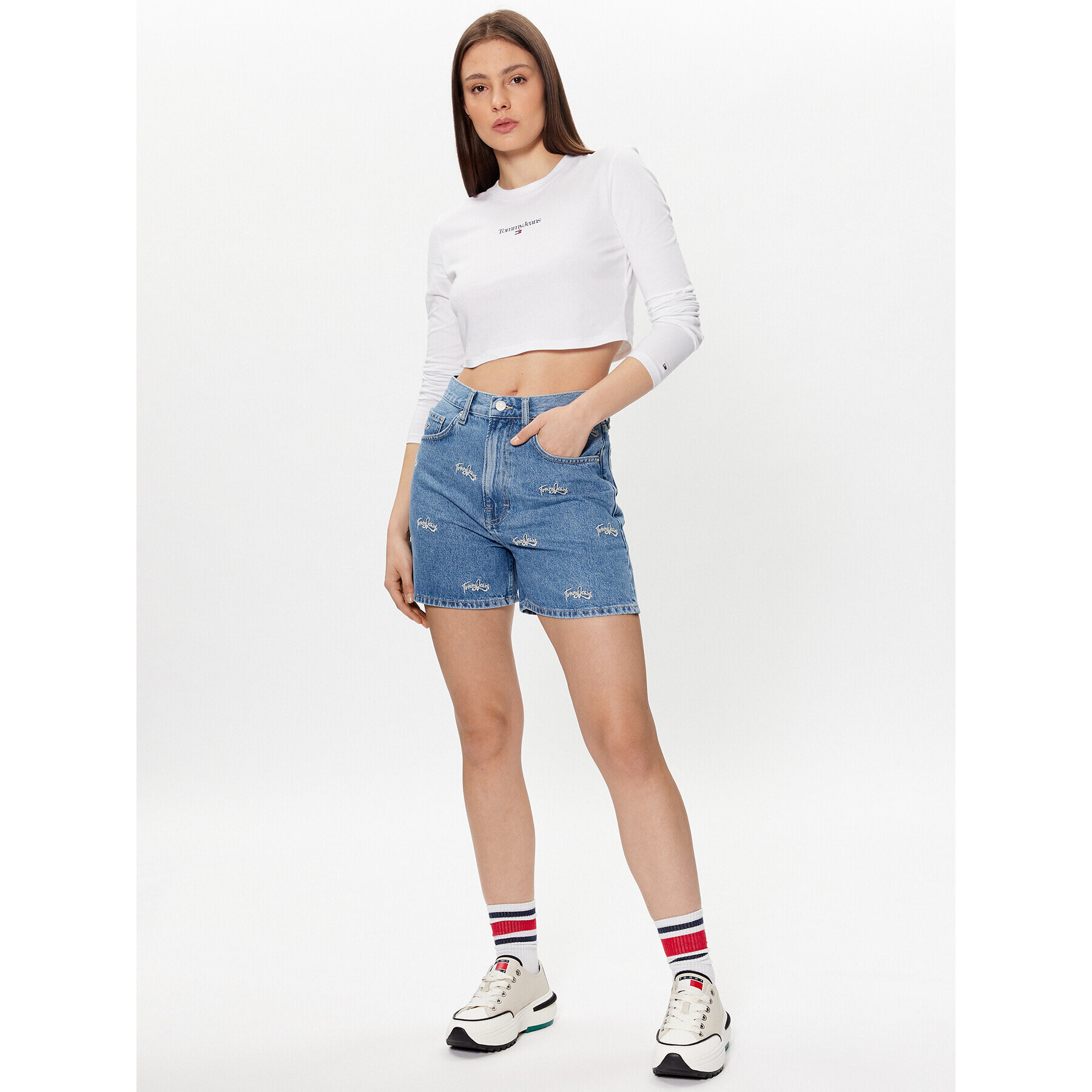 Tommy Jeans Bluză Essential Logo DW0DW15443 Alb Cropped Fit - Pled.ro