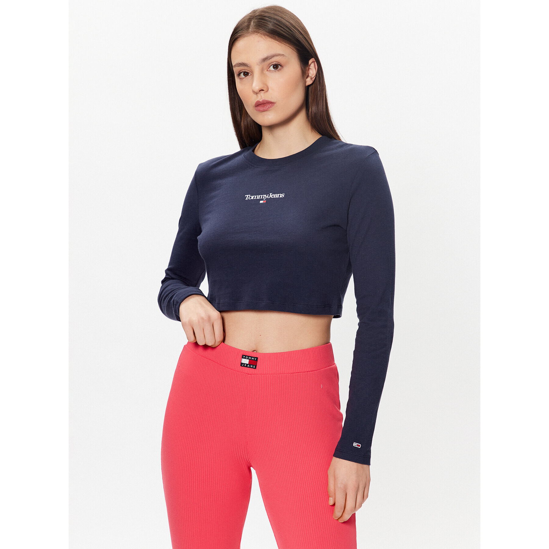 Tommy Jeans Bluză Essential Logo DW0DW15443 Bleumarin Cropped Fit - Pled.ro