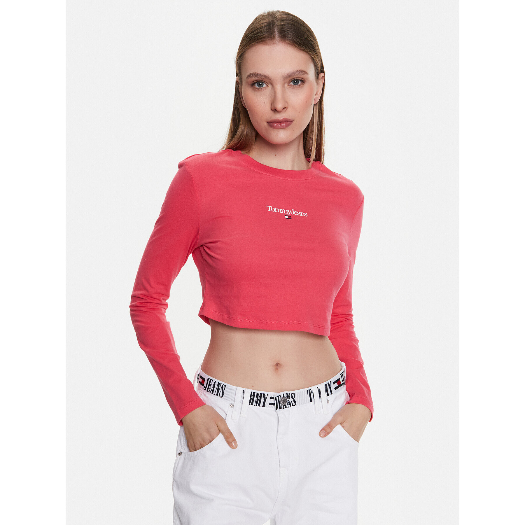 Tommy Jeans Bluză Essential Logo DW0DW15443 Roz Cropped Fit - Pled.ro