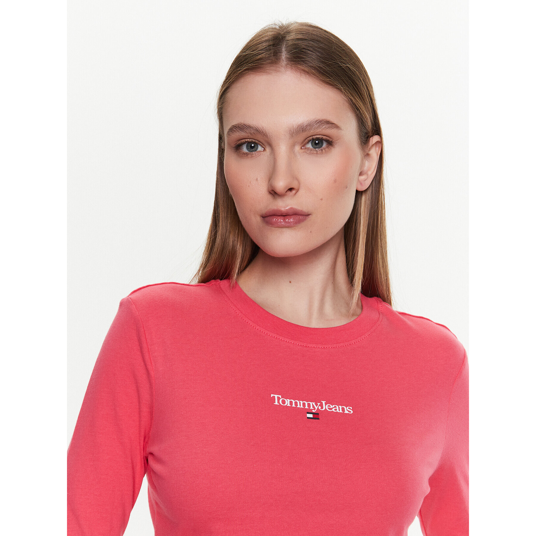 Tommy Jeans Bluză Essential Logo DW0DW15443 Roz Cropped Fit - Pled.ro