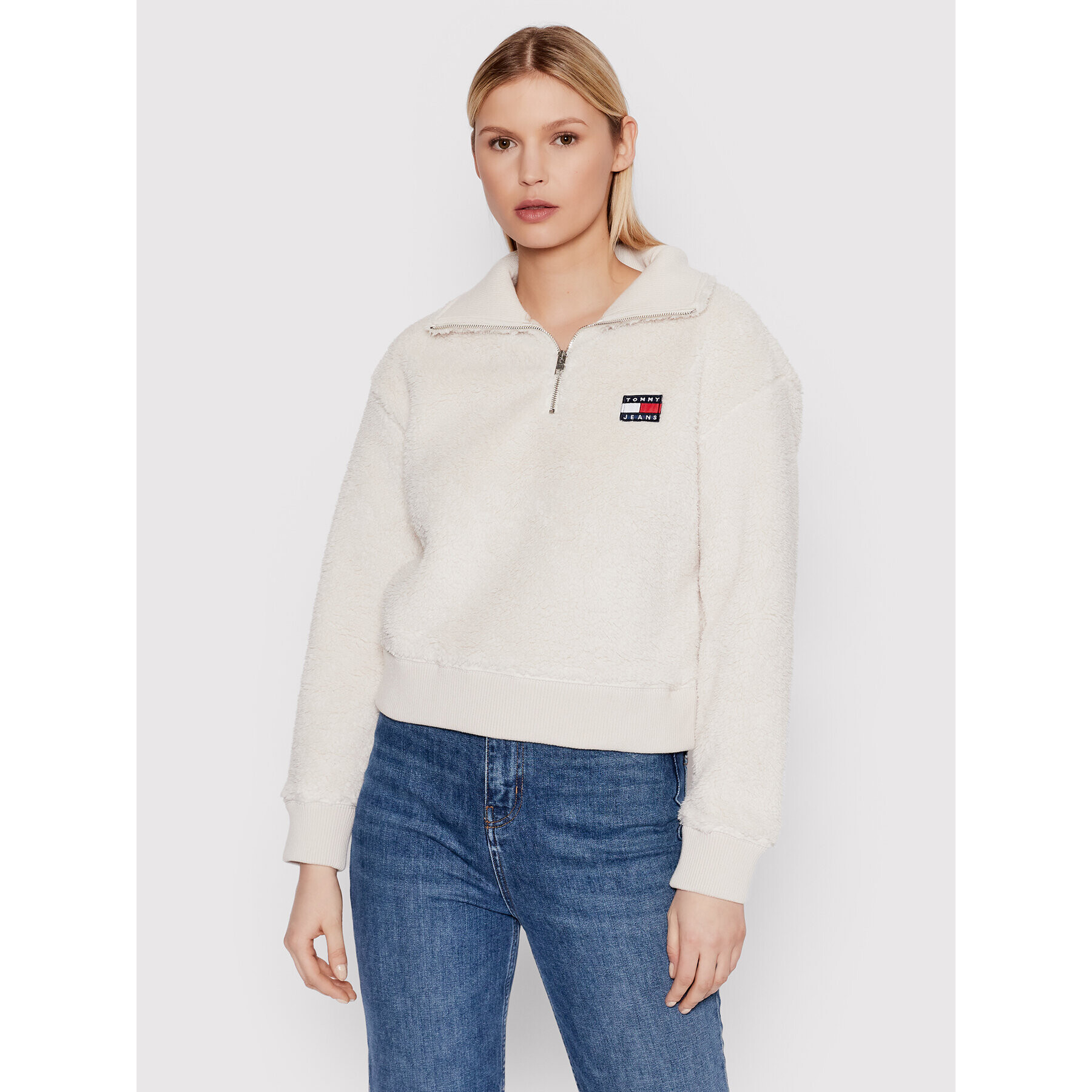 Tommy Jeans Bluză Plush Badge Quarter Zip DW0DW11816 Bej Boxy Fit - Pled.ro