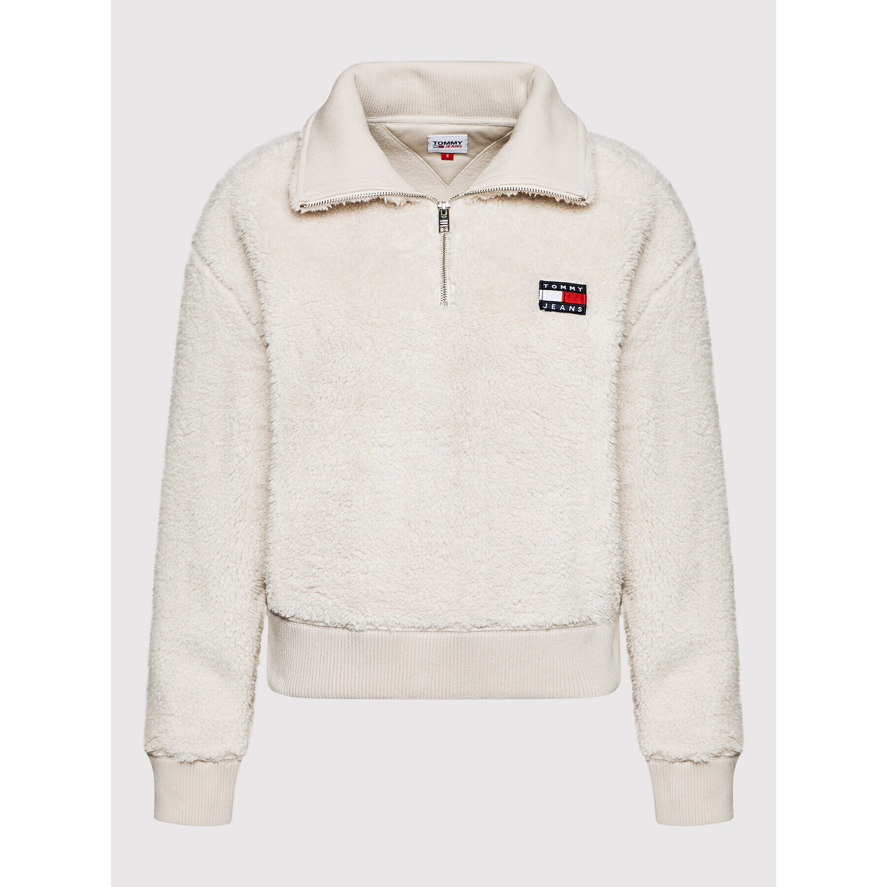 Tommy Jeans Bluză Plush Badge Quarter Zip DW0DW11816 Bej Boxy Fit - Pled.ro