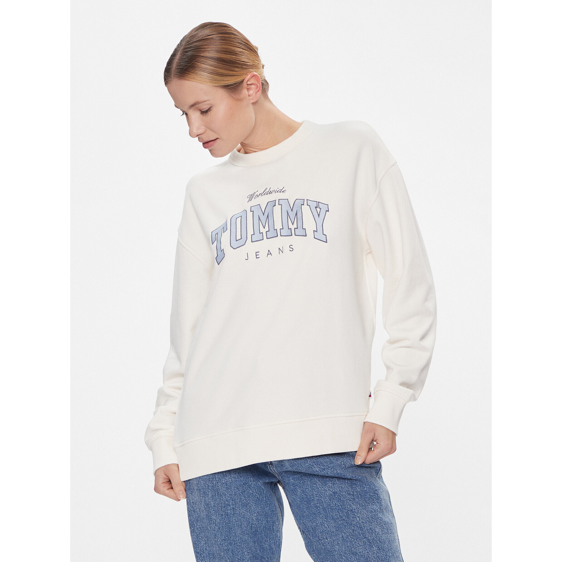 Tommy Jeans Bluză Tjw Rlx Varsity Luxe Crew DW0DW17339 Alb Regular Fit - Pled.ro